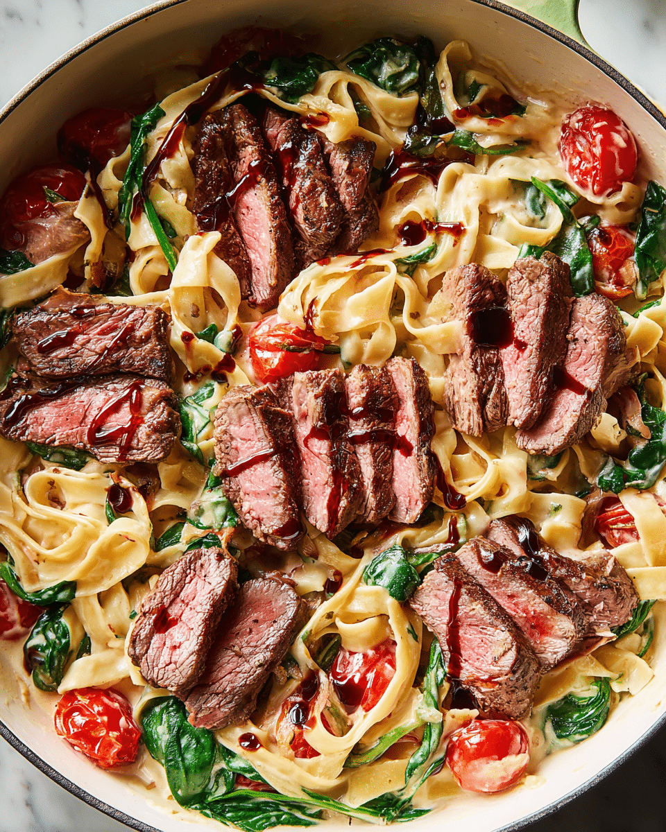 A white skillet filled with creamy pasta showing thick, flat noodles coated in a smooth light cream sauce. Mixed in are bright green spinach leaves and halved red cherry tomatoes that add color. On top, several slices of medium-rare steak with a brown crust and pink center are placed evenly, each slice drizzled with a dark balsamic glaze. The rich textures from the meat, noodles, and vegetables create a fresh and hearty look. The skillet is set on a white marbled surface. photo taken with an iphone --ar 4:5 --v 7