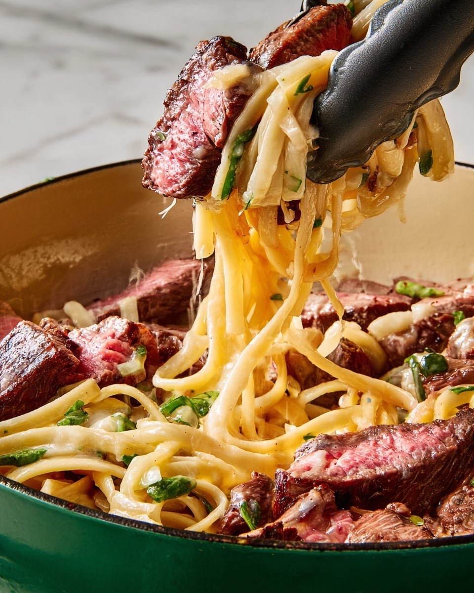 A close-up of a green pot filled with creamy pasta and slices of medium-rare steak. The pasta is light yellow, creamy, and smooth with some green herbs mixed in, showing a soft texture. On top and mixed inside are thick pieces of steak, cooked with a pink center and a dark, seared outside. A pair of black tongs is lifting some pasta and a large steak slice, showing the sauce dripping off and the juicy texture of the meat. The background is a white marbled texture. photo taken with an iphone --ar 4:5 --v 7