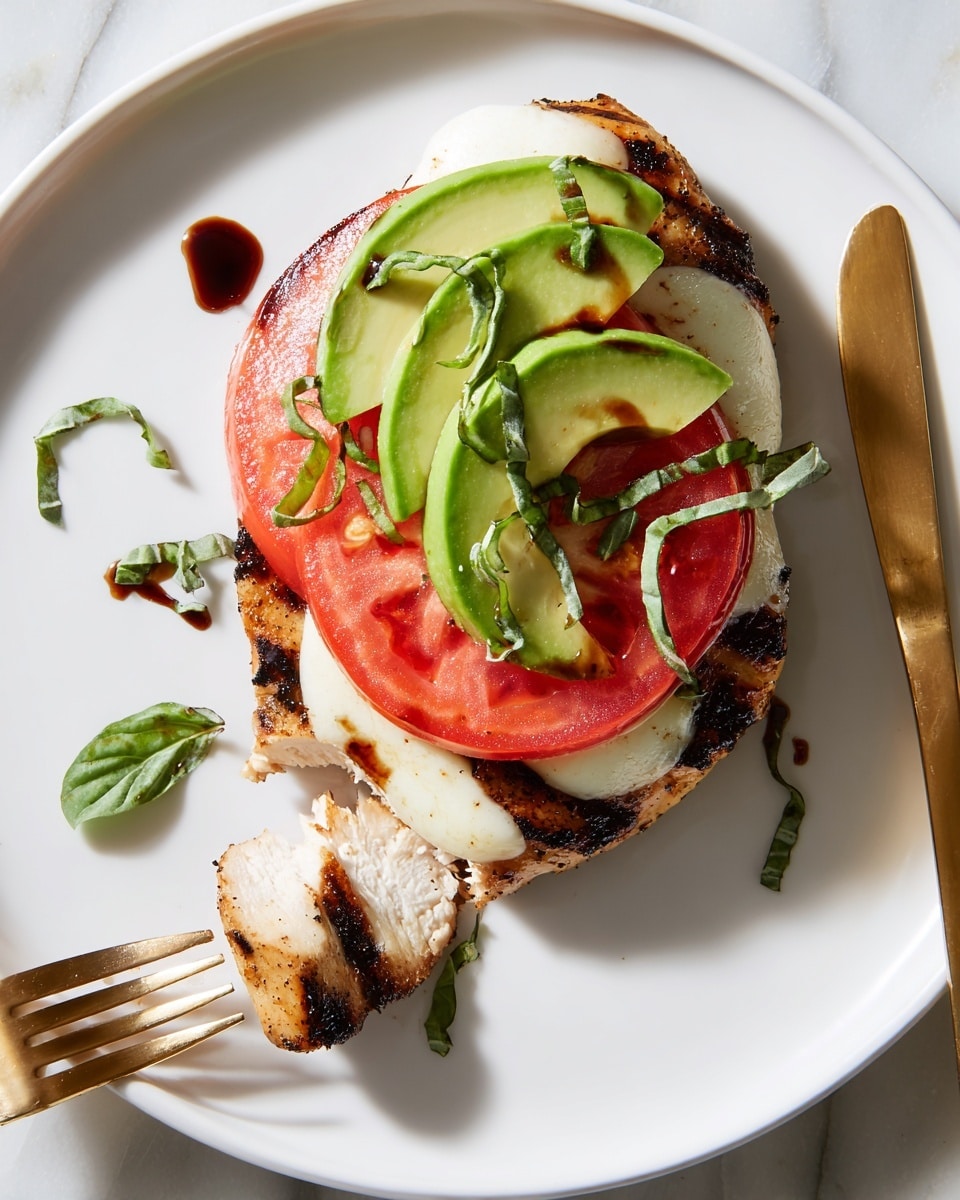 A white plate on a white marbled texture surface holds a single grilled chicken breast with dark grill marks, topped with a thick white layer of melted cheese. On top of the cheese, there are two light green slices of avocado, followed by a red, juicy slice of tomato, garnished with thinly sliced green basil leaves and drizzled with dark balsamic glaze. A gold fork in the lower left corner holds a small bite of the grilled chicken, and a gold knife rests to the right side of the plate. photo taken with an iphone --ar 4:5 --v 7