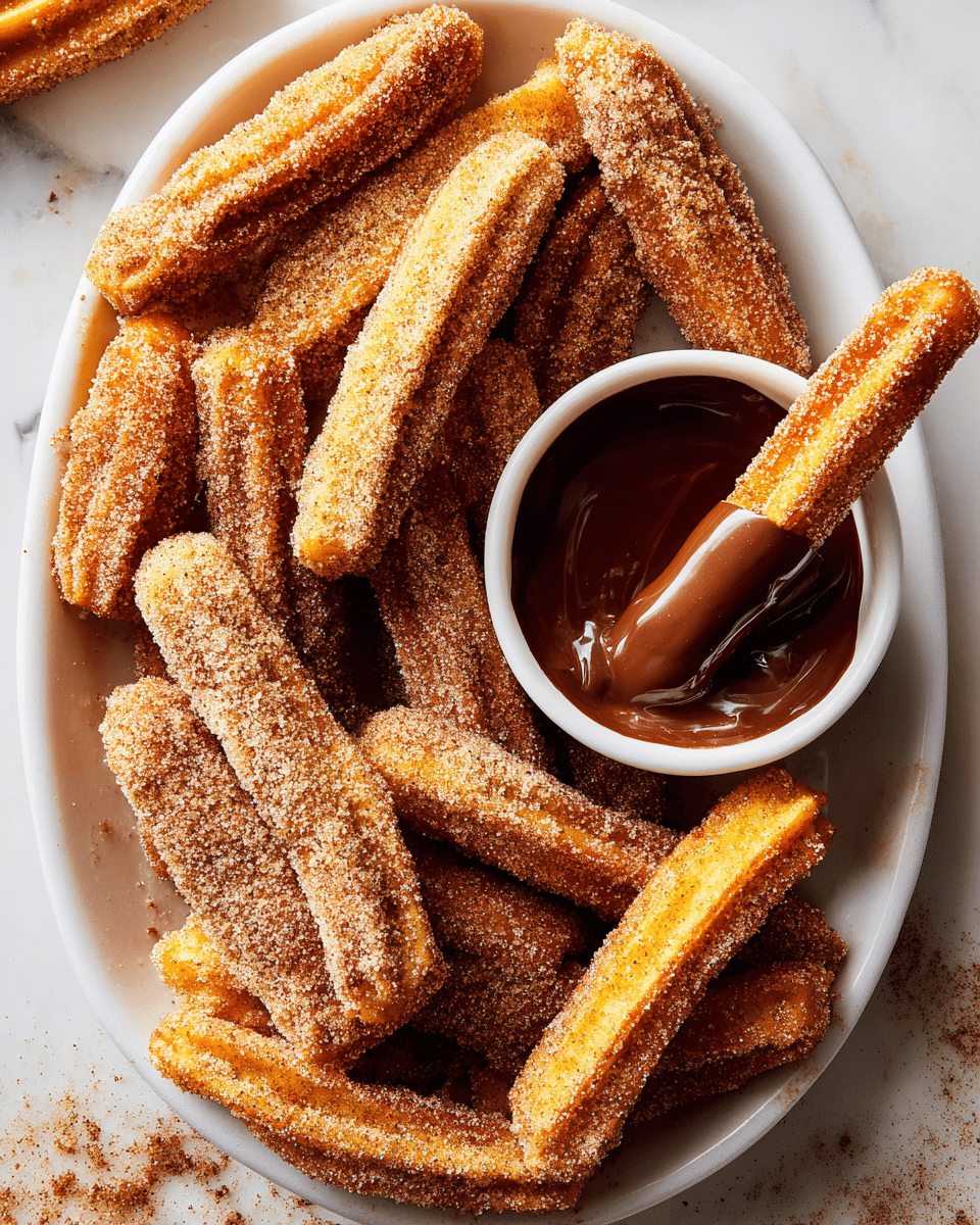 A white oval plate filled with multiple golden-brown churros coated in a layer of cinnamon sugar, showing a rough, crunchy texture. In the center of the plate sits a small white bowl filled with smooth, dark brown melted chocolate, with one churro dipped partially inside, its tip covered in the rich chocolate. The churros are arranged overlapping each other in a casual way, and the plate sits on a white marbled surface, with some cinnamon sugar crumbs scattered around. photo taken with an iphone --ar 4:5 --v 7