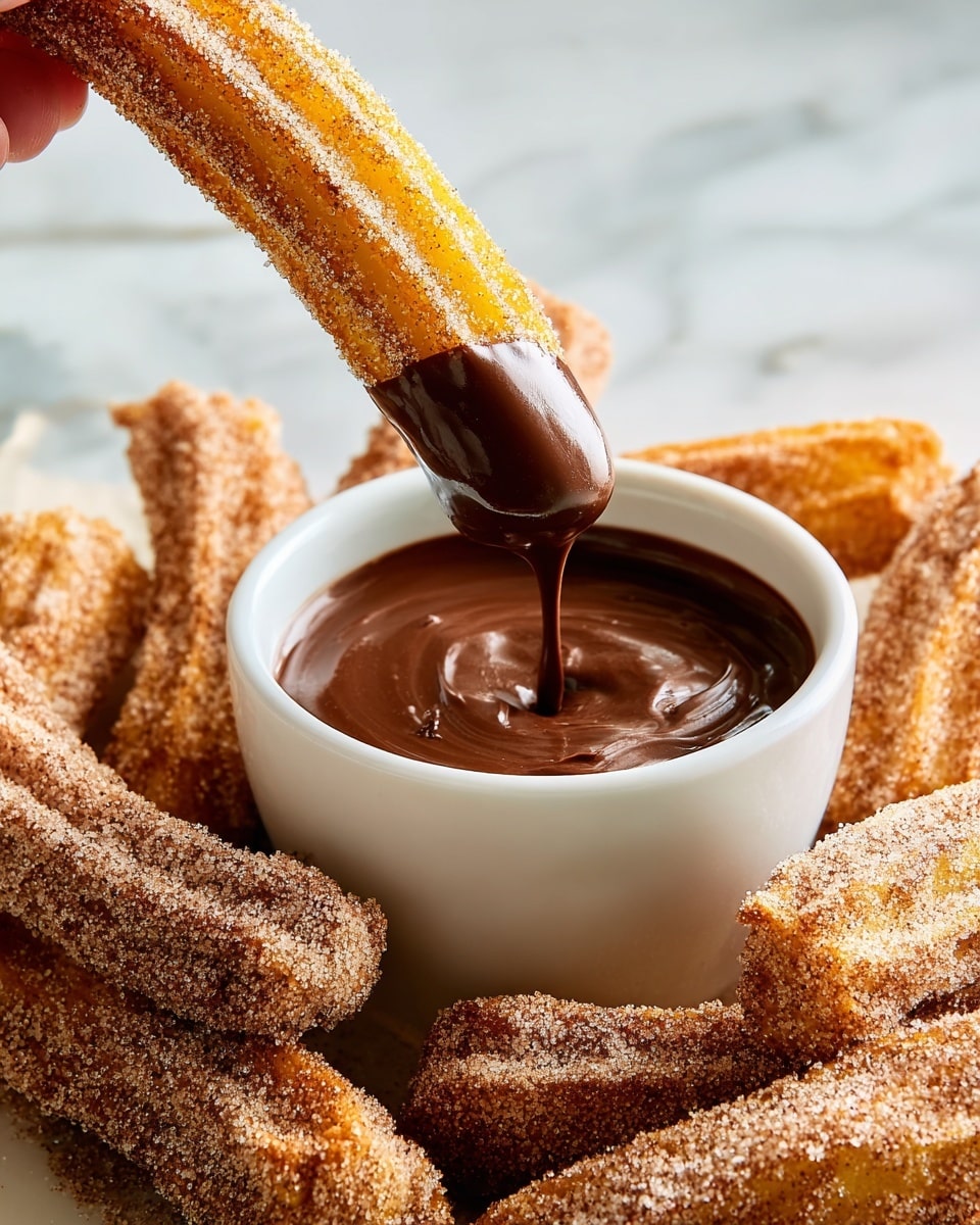There are many golden brown churros coated in cinnamon sugar spread around a white small bowl filled with smooth, dark chocolate sauce in the center. One churro is held by a woman's hand above the bowl with its tip fully dipped into the thick, shiny chocolate, with a small drop about to fall. The churros have a crispy texture with visible sugar granules, and the background shows a soft white marbled texture. photo taken with an iphone --ar 4:5 --v 7