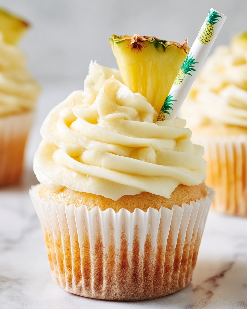 A close-up of a single cupcake with a golden-brown base wrapped in a white paper liner, topped with a thick, creamy swirl of light yellow frosting that has smooth, curvy ridges. Embedded slightly into the frosting is a fresh triangular pineapple slice with green and brown peel edges, and behind it, a white paper straw decorated with small pineapples can be seen. This cupcake is set against a white marbled texture, with soft lighting highlighting the creamy texture and moist crumb of the cupcake. Photo taken with an iphone --ar 4:5 --v 7