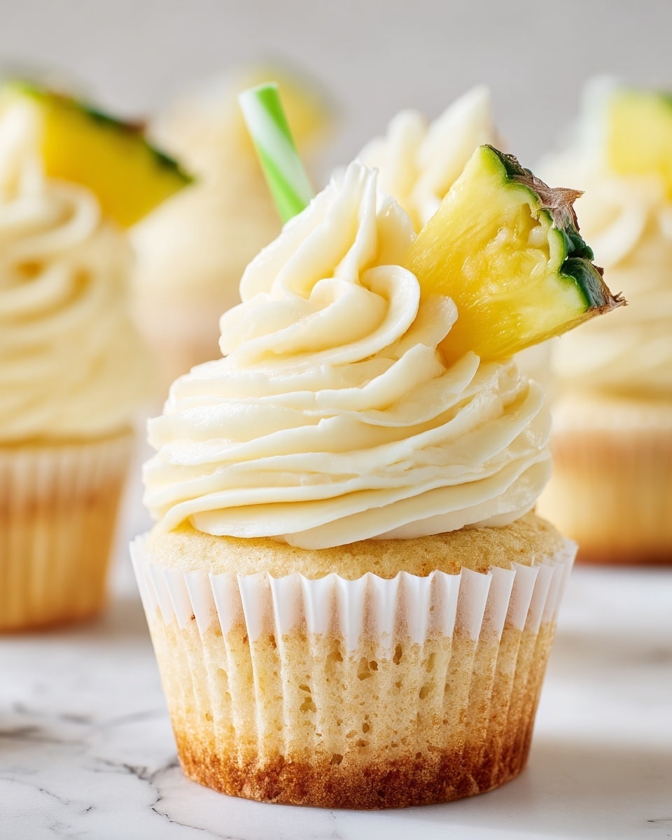 A close-up image of a single cupcake on a white marbled surface, featuring three distinct layers: the bottom layer is a golden brown cake with a slightly textured appearance inside a white paper liner; the middle layer is thick, creamy, pale yellow frosting swirled sharply on top of the cake, forming soft peaks; the top layer is a small wedge of fresh pineapple with green and yellow colors, placed at an angle into the frosting. In the background, there are blurred cupcakes showing the same colors and layers. Photo taken with an iphone --ar 4:5 --v 7