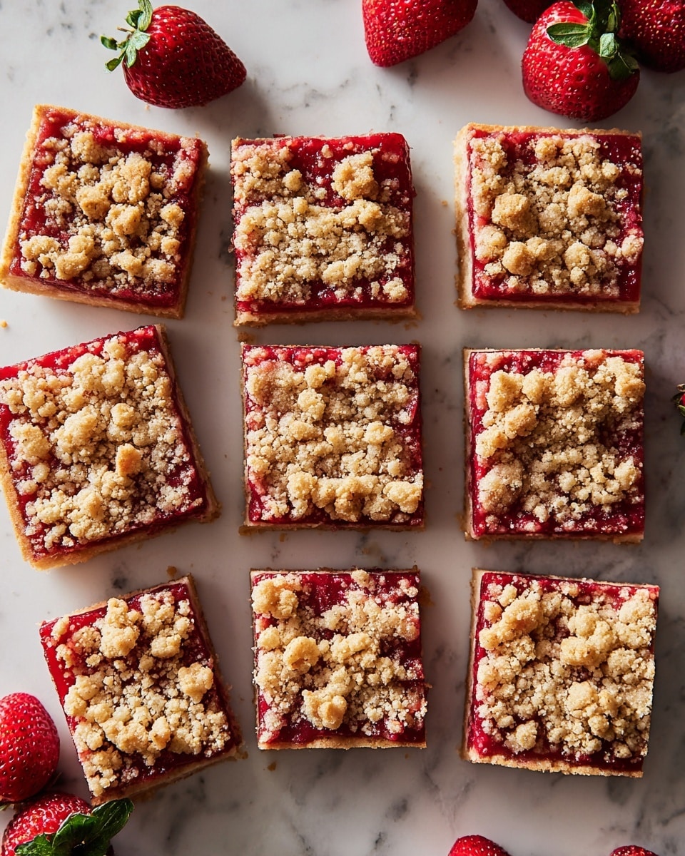 Nine square pieces of crumbly strawberry bars are arranged in a grid on a white marbled surface, each bar showing three distinct layers: a light golden crust at the bottom, a bright red strawberry filling in the middle with some bits of strawberry seeds visible, and a thick topping of golden brown crumbly streusel that looks crunchy and uneven. Fresh strawberries with green leaves are scattered around the bars, adding pops of vibrant red and green color to the scene. The photo captures the texture and color contrast clearly, making the dessert look fresh and inviting. photo taken with an iphone --ar 4:5 --v 7