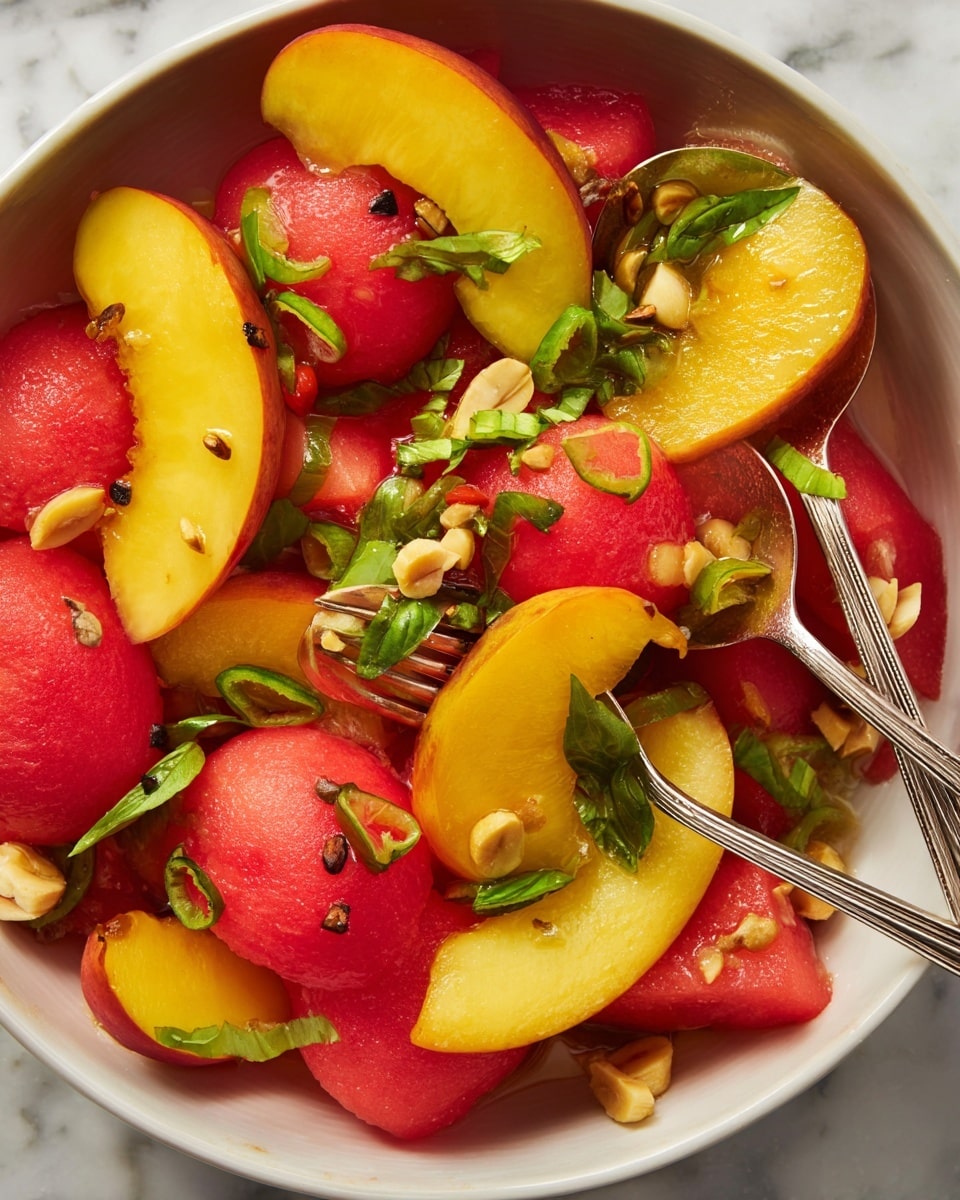 The image shows a bright fruit salad featuring three main layers: the bottom layer is made of round, juicy red watermelon slices with a smooth texture; the middle layer consists of thick yellow peach wedges with red edges, showing a slightly fuzzy skin texture; the top layer is scattered with green basil leaves sliced into thin strips and small, crunchy tan chopped nuts. There are also some thin, round green chili pepper slices visible throughout, adding a fresh touch. Two shiny silver forks scoop into the salad from the lower left side, lifting pieces of watermelon and peach. The whole scene sits on a white marbled surface. Photo taken with an iphone --ar 4:5 --v 7