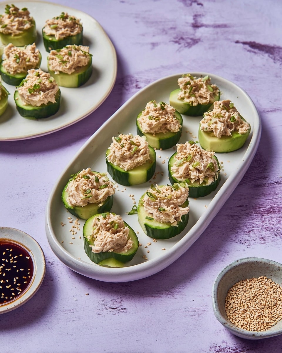 The image shows a white oval plate filled with bite-sized snacks, each made of two layers: the bottom layer is a green cucumber slice topped with a light green avocado piece, and the top layer is a creamy, light beige tuna salad mixture sprinkled with small brown sesame seeds. The plate is placed on a purple background with a white marbled texture. Nearby, there is a small bowl of sesame seeds and a white bowl with dark brown dipping sauce sprinkled with sesame seeds. Part of a white, round plate with more of the same snacks is visible at the top left. Photo taken with an iphone --ar 4:5 --v 7