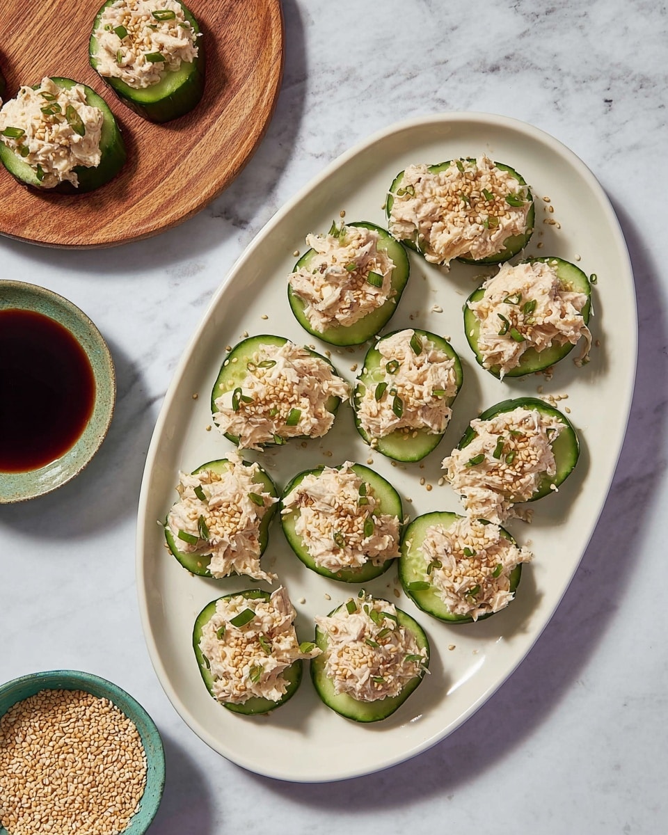 The image shows a white oval plate with fifteen round cucumber slices acting as the base layer, each topped with a creamy white crab salad mixed with herbs, creating a textured, chunky second layer. The crab salad has a light beige color with flecks of green, and the dish is sprinkled with toasted sesame seeds on top, adding a speckled tan detail. To the left of the plate is a small bowl filled with sesame seeds and another bowl with soy sauce, both placed on a white marbled surface. A wooden plate with two cucumber and crab salad bites is partly visible in the top left corner against the white marbled background. photo taken with an iphone --ar 4:5 --v 7