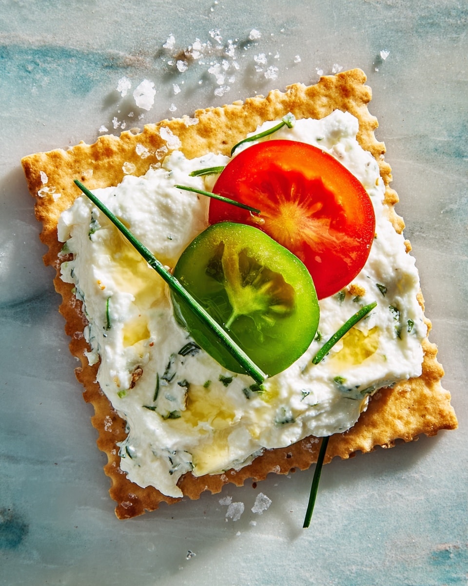 A square golden-brown cracker sits flat on a white marbled textured surface, topped with a thick layer of creamy white cheese mixed lightly with green herbs, giving it a slightly textured look. On top of the cheese, there are two small slices of tomato, one green and one red, placed side by side with a few thin green chive sprigs crossing over them. A small drizzle of shiny olive oil shines on the cheese and cracker, with a few flakes of coarse salt sprinkled around the edges of the cracker. Photo taken with an iphone --ar 4:5 --v 7