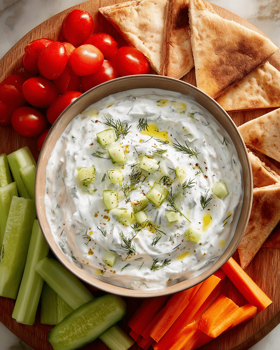 A bowl with thick white creamy dip topped with small pieces of green cucumber, dill, and light yellow oil drops is centered on a wooden board. Surrounding the bowl, there are four groups of fresh vegetables and bread pieces: bright red quartered grape tomatoes on the top left, light brown toasted pita bread triangles on the top right, bright orange carrot sticks on the bottom right, and a mix of green celery sticks and cucumber slices on the bottom left. All items are neatly arranged, contrasting with the white marbled textured background. photo taken with an iphone --ar 4:5 --v 7