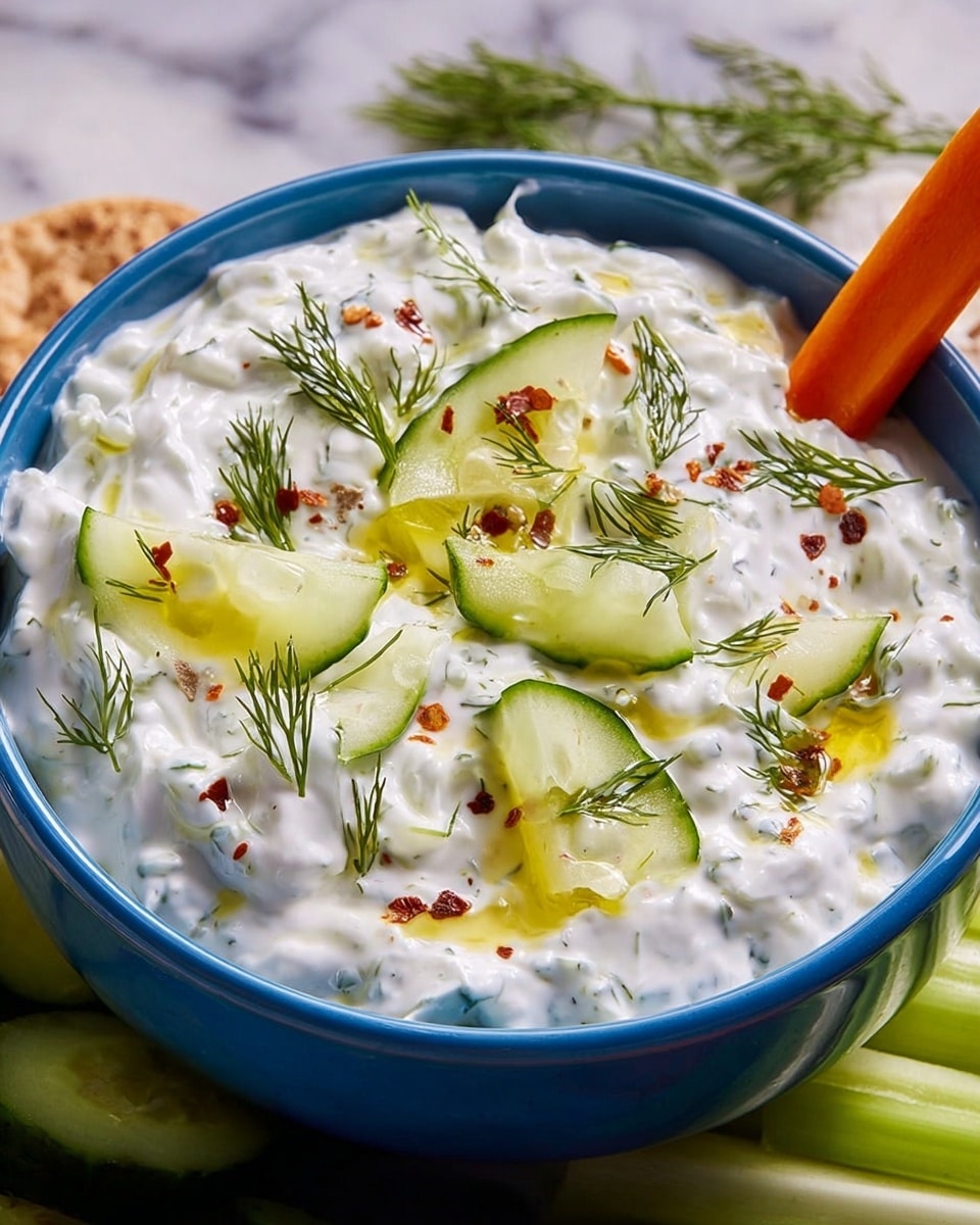 A blue bowl filled with thick white tzatziki sauce mixed with small pieces of cucumber and herbs, topped with bright green cucumber slices, fresh dill sprigs, a drizzle of yellow olive oil, and sprinkled with red chili flakes. A carrot stick dipped into the sauce emerges from the right side of the bowl, which sits on a white marbled surface with some celery sticks and cucumber slices nearby. The sauce looks creamy and textured, inviting and fresh. photo taken with an iphone --ar 4:5 --v 7