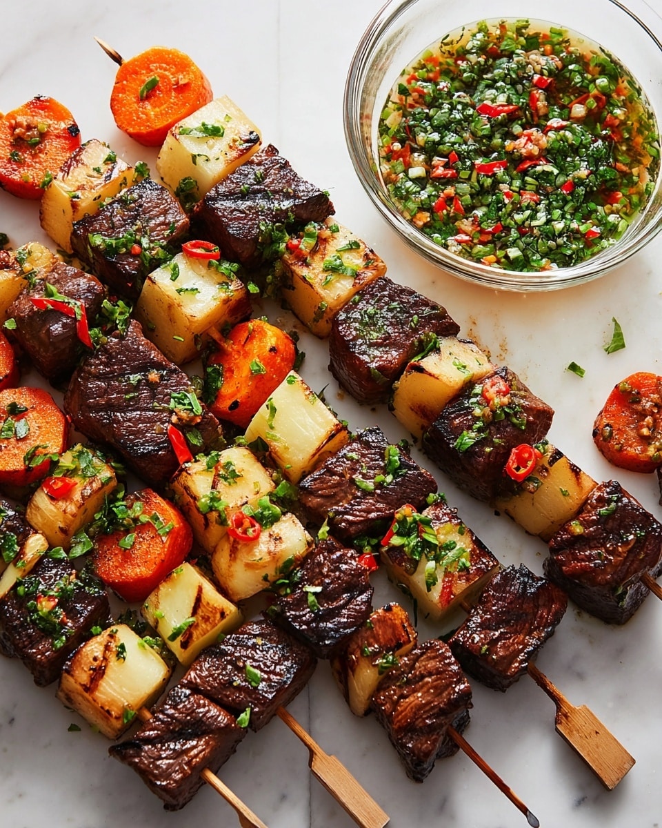 Several metal skewers with wooden handles hold grilled kabobs arranged on a white marbled surface. Each skewer has three layers: dark brown, charred beef cubes with a slightly shiny texture; round, bright orange carrot slices with visible grill marks in the center; and thick, pale beige slices of potato or turnip, also with grill marks. The kabobs are sprinkled with chopped green herbs and small red chili pieces. To the right, a clear glass bowl contains a fresh sauce with finely chopped green herbs, onions, and red chili pieces in a light liquid. Photo taken with an iphone --ar 4:5 --v 7