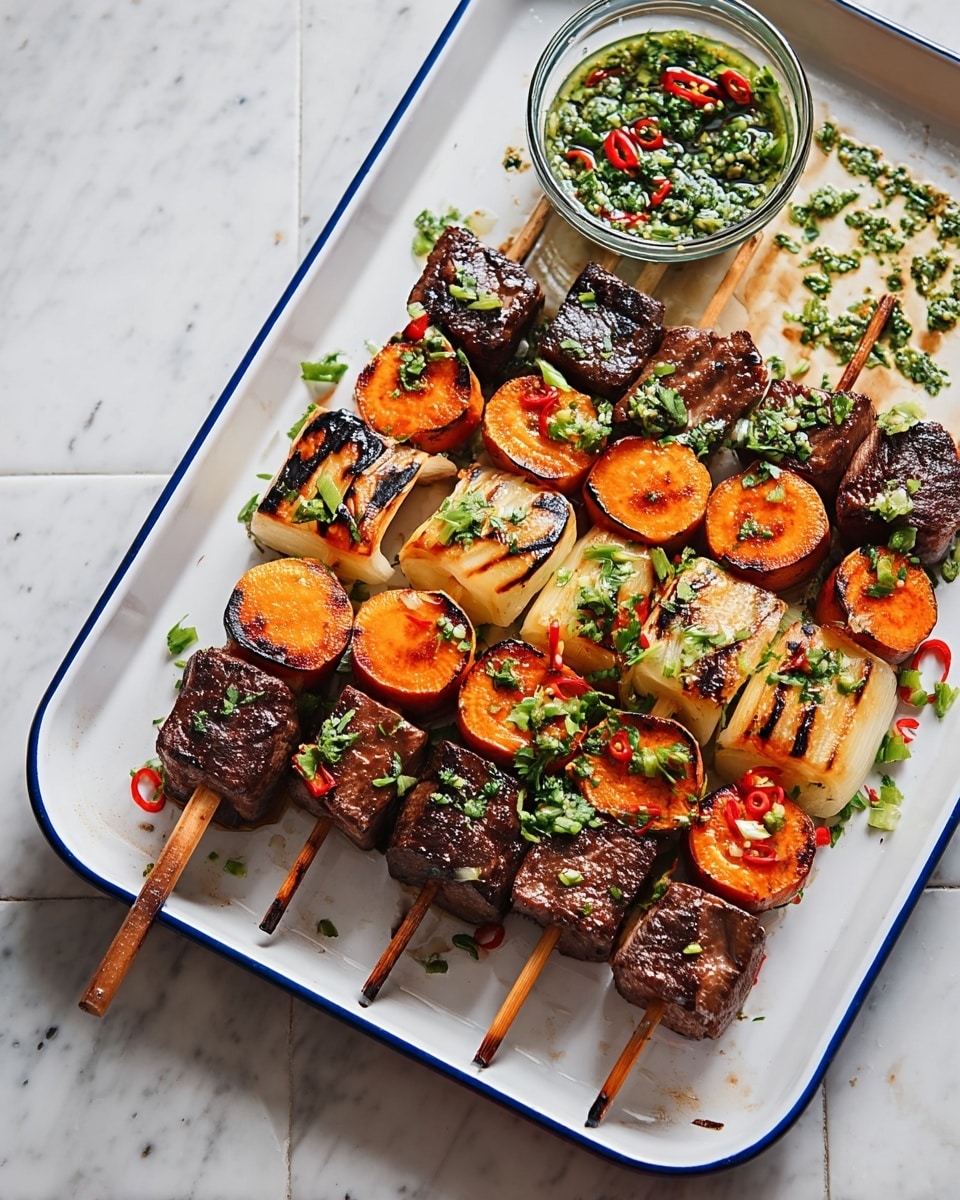 Five skewers lay side by side on a white baking tray with a blue rim, each skewer holding three layers of grilled ingredients: a thick cube of dark brown grilled meat with visible char marks at the bottom, a bright orange round carrot slice with grill lines in the middle, and a wedge of lightly charred white vegetable at the top. The skewers are garnished with small green herbs and sliced red chili peppers. To the upper right of the tray is a clear glass bowl filled with a green herb and chili dipping sauce. The whole scene is set on a white marbled surface. photo taken with an iphone --ar 4:5 --v 7
