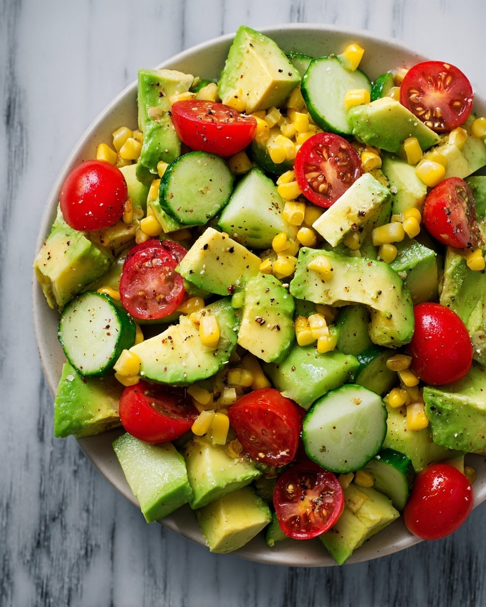 A close-up view of a fresh vegetable salad shows chunky pieces of green avocado, smooth cucumber slices, bright yellow corn kernels, and halved red cherry tomatoes scattered evenly. The green avocado pieces have a creamy texture and are lightly sprinkled with black pepper. The cucumber slices are crisp and pale green with a darker green edge. The yellow corn adds contrast and small pop colors throughout. The red cherry tomatoes have a glossy surface with visible seeds inside. The entire salad rests on a white marbled surface. photo taken with an iphone --ar 4:5 --v 7