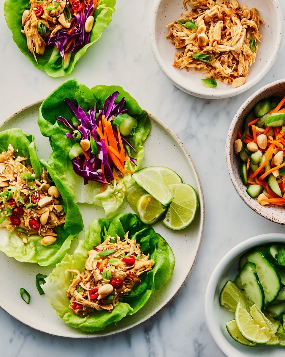 The image shows several lettuce wraps placed on a white plate with a white marbled texture surface. Each wrap has three main layers: the bottom layer is a bright green lettuce leaf, the middle layer is a mix of thin purple cabbage strips, sliced cucumber, and orange carrot sticks, and the top layer features shredded chicken mixed with little pieces of chili, sesame seeds, chopped green onions, and whole peanuts. Three lime wedges are on the plate near the wraps, their bright green flesh and textured skin adding freshness to the scene. On the side, there are two white bowls, one containing more of the shredded chicken mix and the other filled with more chopped vegetables. photo taken with an iphone --ar 4:5 --v 7