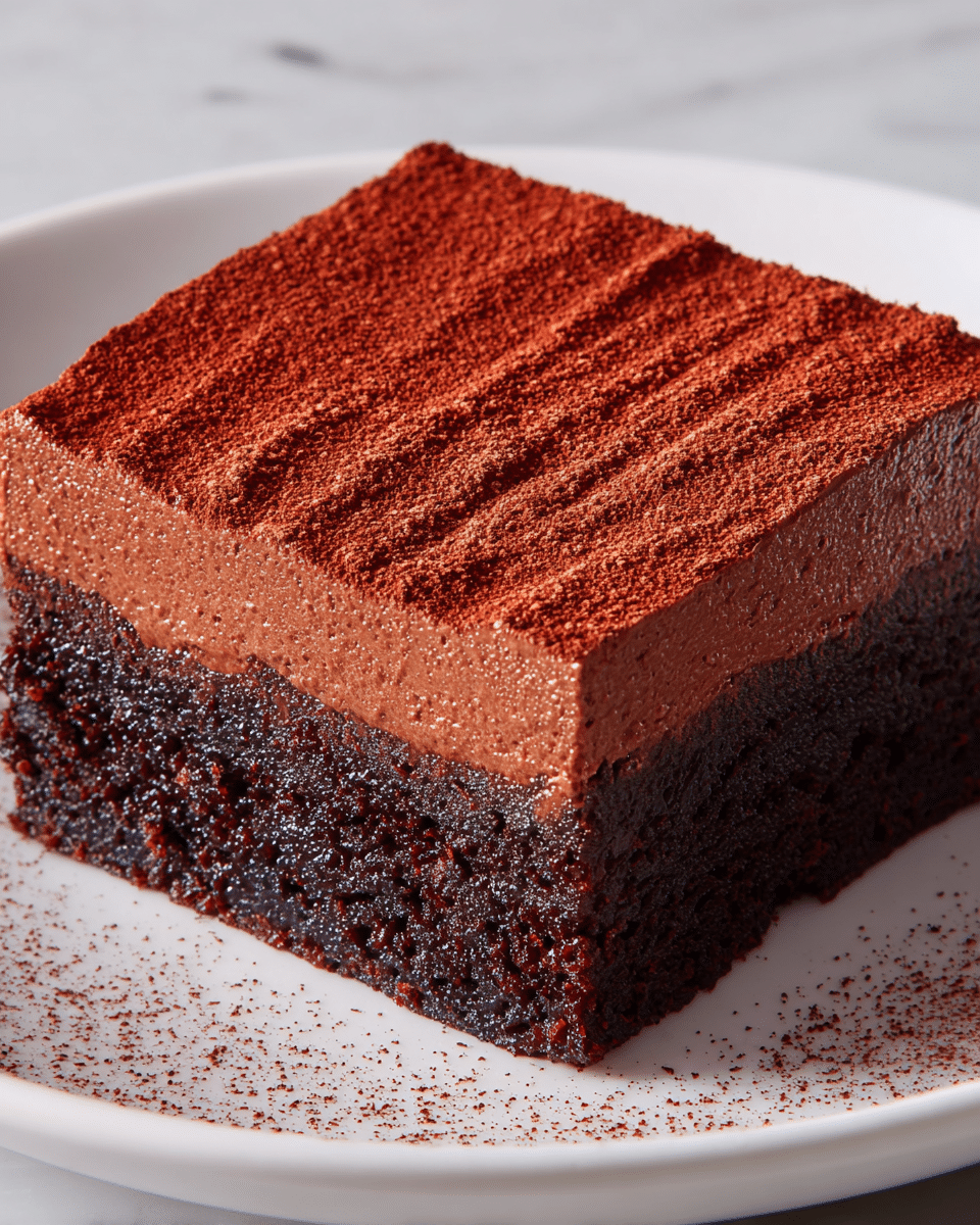 A rich chocolate dessert square with two layers is shown on a white plate; the bottom layer is dark and dense with a slightly crumbly texture, while the top layer is smoother and lighter chocolate mousse dusted with fine reddish-brown powder, creating a soft textured surface with faint lines. The dessert sits on a white marbled surface. photo taken with an iphone --ar 4:5 --v 7