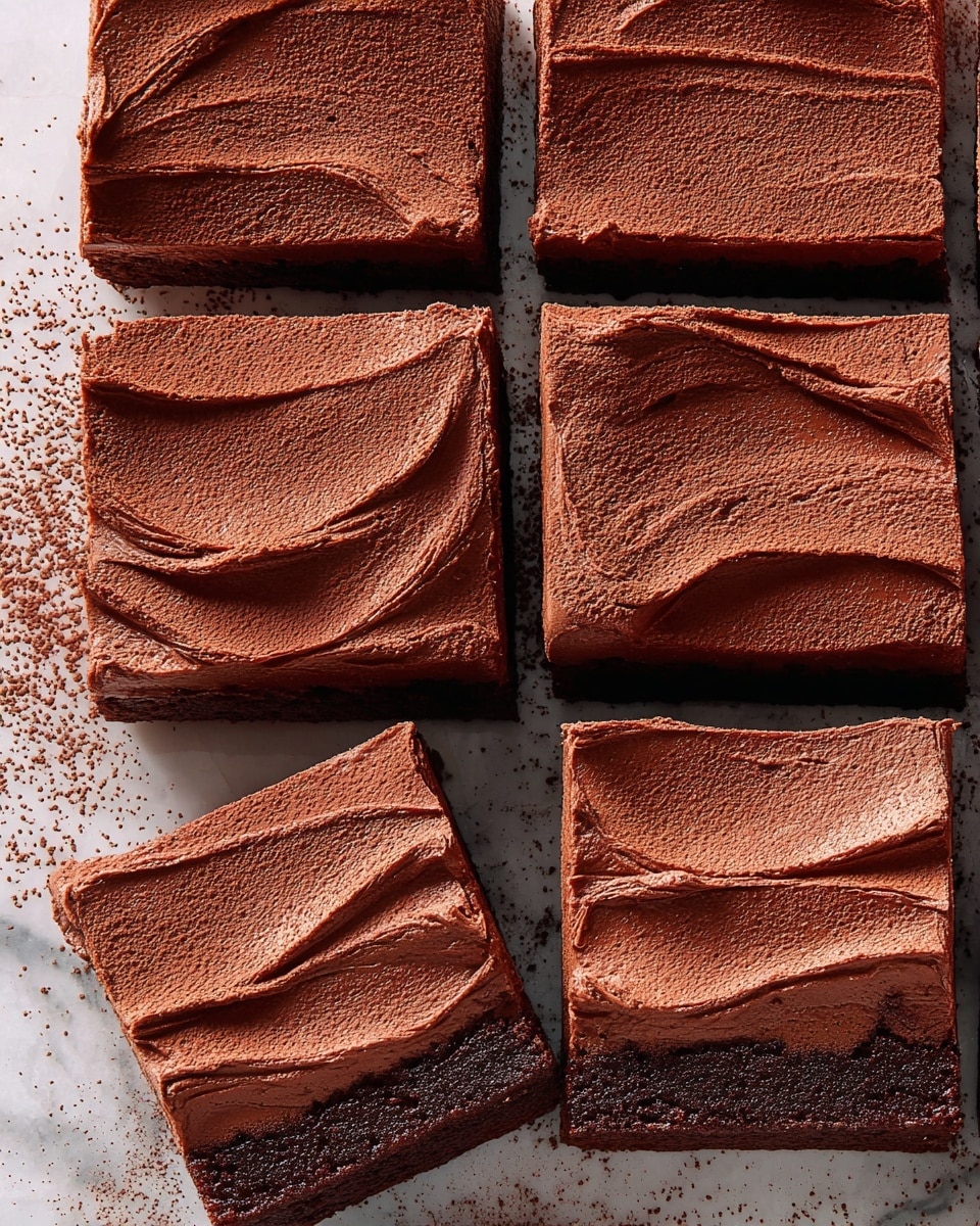 The image shows nine square pieces of chocolate brownies arranged close together on a white marbled surface. Each brownie has two distinct layers: a moist dark brown cake base and a thick, creamy chocolate frosting on top, textured with broad, smooth strokes that form gentle waves across the surface. A light dusting of cocoa powder covers the brownies and the marbled surface, adding a slightly powdery texture with a deeper brown color. One brownie in the center is slightly tilted, showing the side profile of both the cake and frosting layers clearly. Photo taken with an iphone --ar 4:5 --v 7