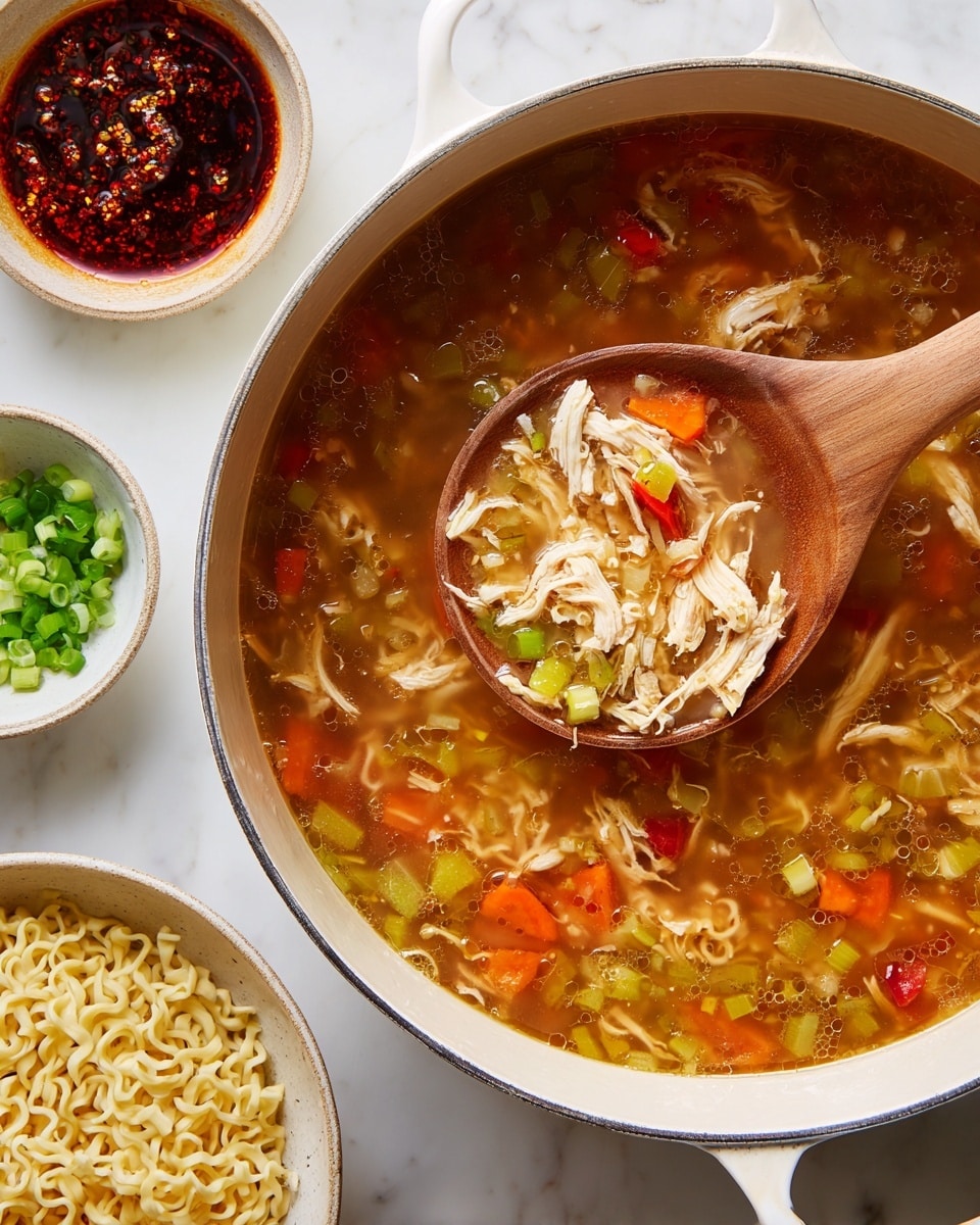A large white pot is filled with a clear brown broth soup that contains visible layers of shredded chicken, orange carrot slices, light green celery pieces, and small bits of onion and red pepper scattered throughout. A wooden spoon lifts a scoop of the soup showing these same colorful ingredients in detail. Nearby, a small white bowl holds pale yellow cooked ramen noodles with a wavy texture. On the white marbled surface, there are two small bowls: one with dark red chili oil with chili flakes floating on top, and another with chopped bright green scallions. The whole scene is bright and clear, with a cozy homemade feel. Photo taken with an iphone --ar 4:5 --v 7