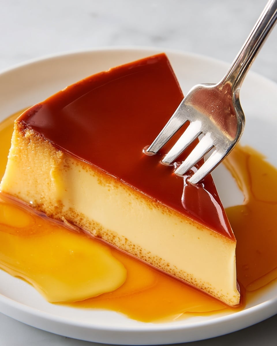 A slice of flan with two distinct layers sits on a white plate with a white marbled surface underneath. The top layer is smooth and shiny, colored a rich caramel brown, while the bottom layer is creamy and pale yellow, slightly thicker than the caramel top. The caramel sauce has pooled around the base of the flan, creating a glossy golden orange border on the plate. A silver fork is gently pressing into the caramel layer near the pointed edge of the slice, showing a soft texture. photo taken with an iphone --ar 4:5 --v 7