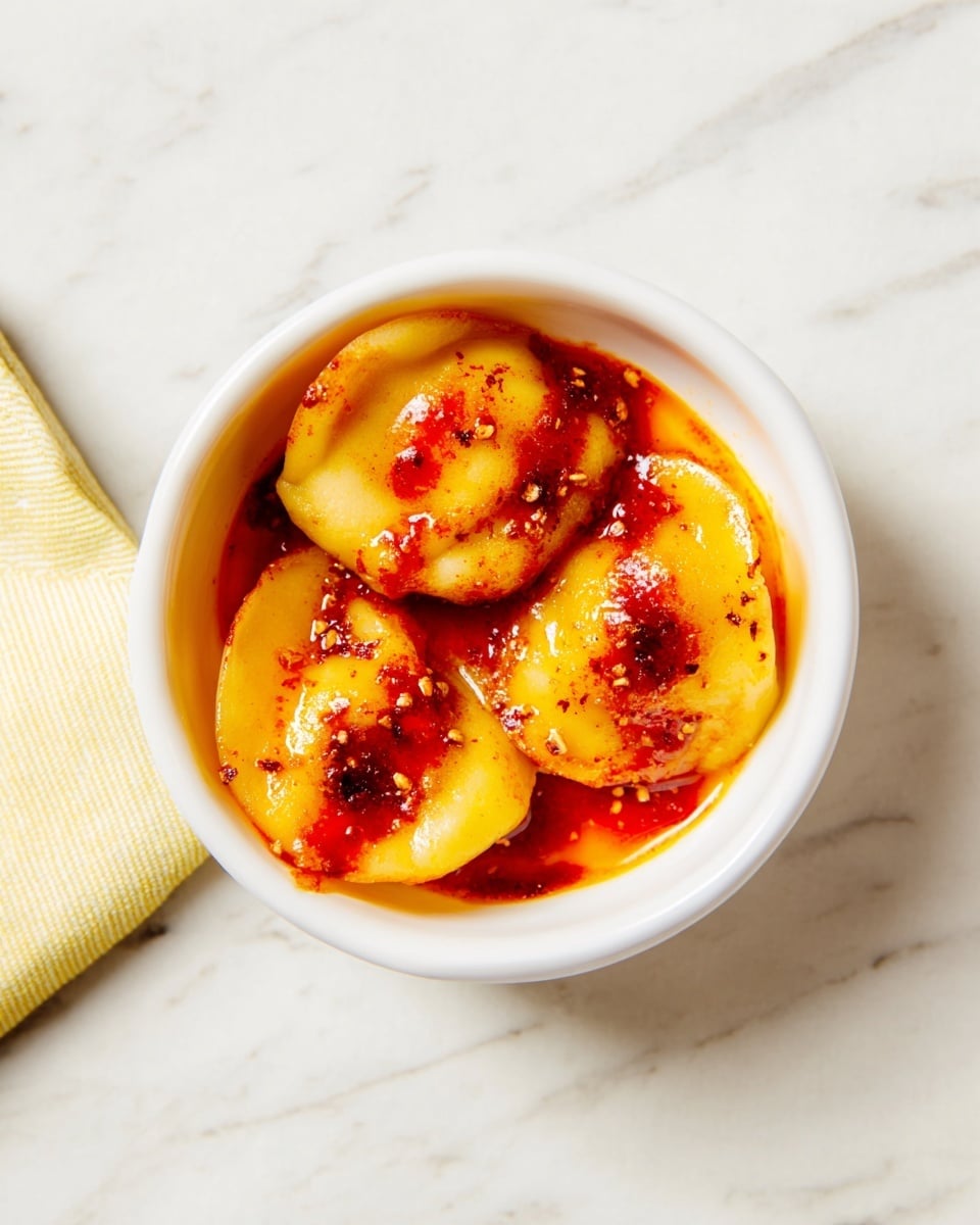 A white round bowl contains three golden yellow dumplings, each with a soft and smooth texture, arranged closely together. The dumplings are drizzled with a bright red sauce that pools slightly in some areas and has a glossy, thick appearance. Small specks of seasoning or spice are sprinkled over the dumplings and sauce, adding texture and color contrast. The bowl sits on a white marbled surface, enhancing the warm colors of the dish. Photo taken with an iphone --ar 4:5 --v 7