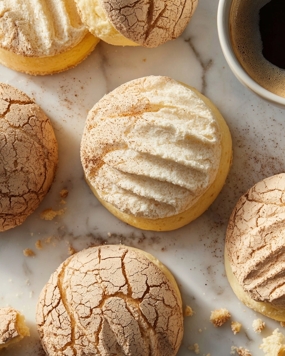The image shows several round pastries on a white marbled surface, each with two distinct layers: a soft yellow base and a thick textured top layer with ridges. The top layer varies in color—some pastries have a pale cream top with fine cracks while others have a light brown top with deeper cracks. Crumbs are scattered lightly around the pastries. In the top right corner, part of a white cup filled with a dark, foamy drink is visible. The scene is bright and close-up, emphasizing the layered texture of the pastries. photo taken with an iphone --ar 4:5 --v 7