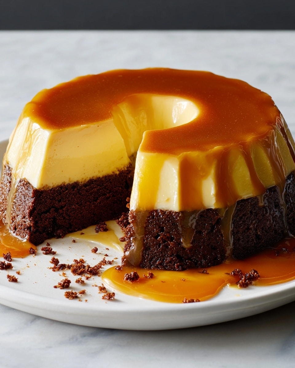 A two-layered circular dessert on a white plate with a white marbled surface; the bottom layer is a thick, moist, dark brown chocolate cake, and the top layer is a smooth, creamy light yellow flan with a shiny, slightly wavy caramel glaze dripping down the sides, accompanied by a pool of caramel sauce around the base and a slice removed showing the inside clearly, with some crumbs scattered on the plate. photo taken with an iphone --ar 4:5 --v 7