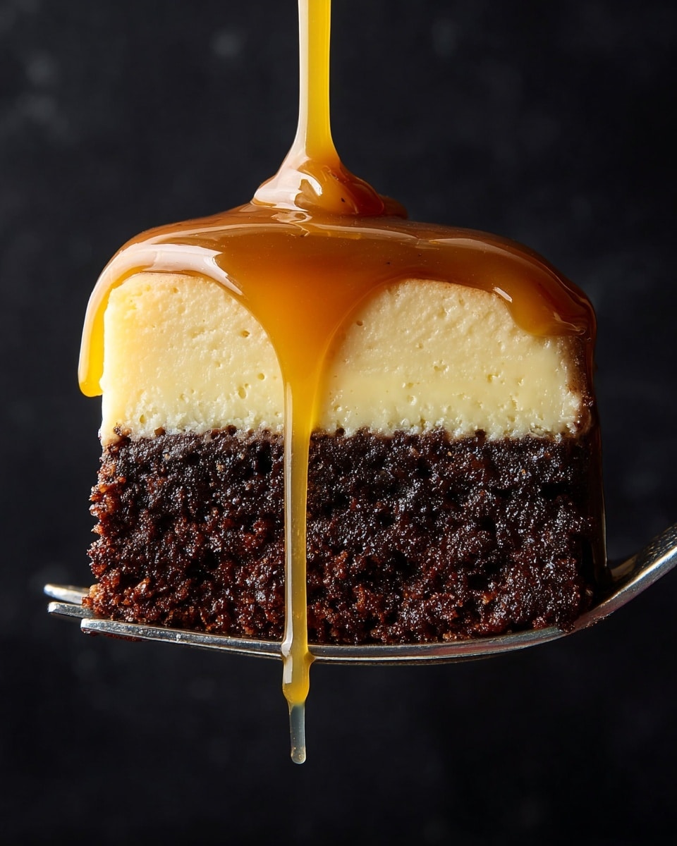 A close-up of a two-layer dessert slice held on a silver fork against a black background. The bottom layer is a dark brown, moist, and crumbly chocolate cake with rich texture. On top of the cake is a smooth, creamy, light beige layer resembling cheesecake or custard. Thick, golden caramel syrup is being poured over the top, dripping slowly down the sides and fork with a shiny, sticky texture. photo taken with an iphone --ar 4:5 --v 7