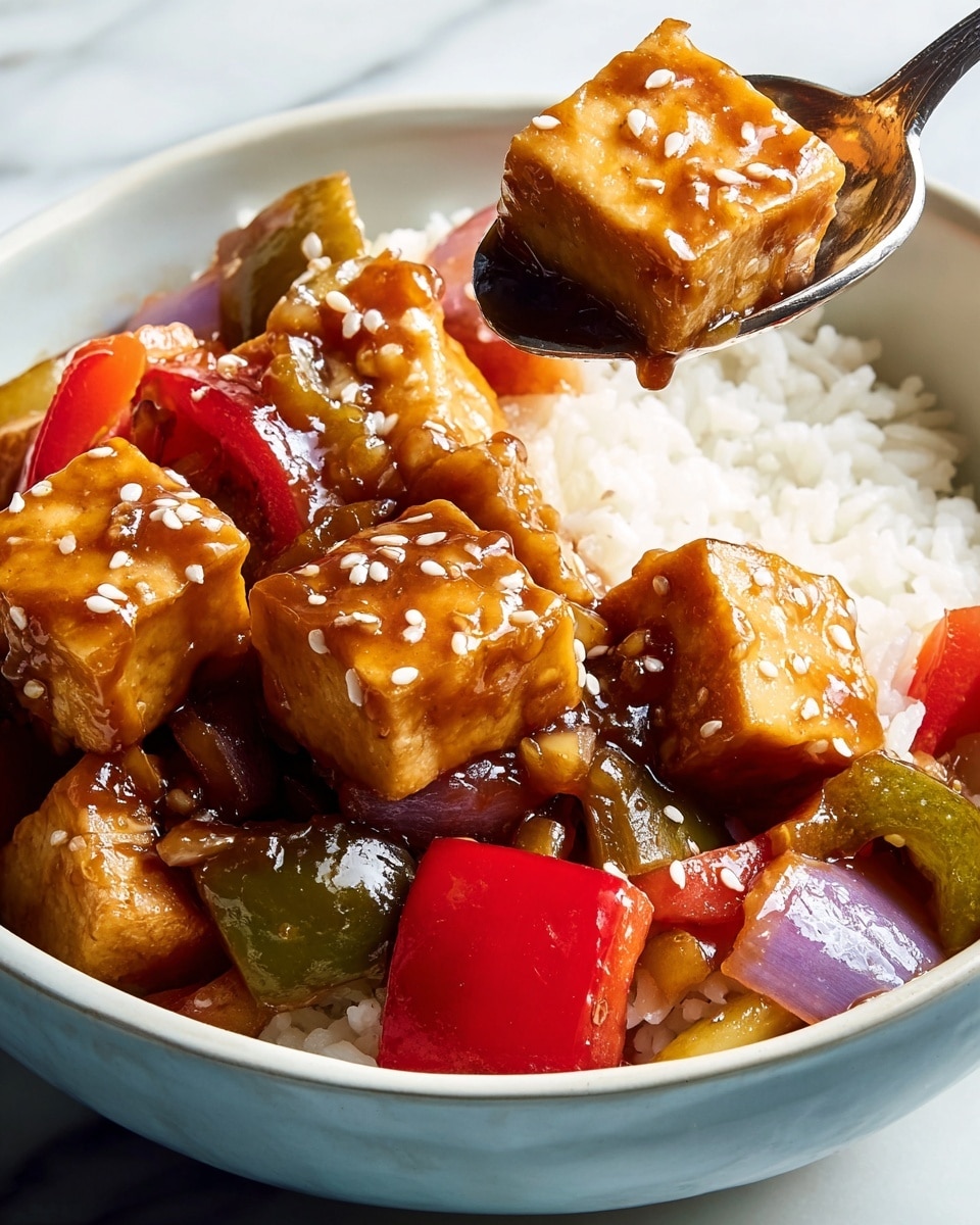 A close-up of a white bowl filled with three main layers: the bottom layer is white steamed rice with a soft and fluffy texture; the middle layer consists of mixed vegetables including red and green bell peppers and purple onions, all slightly cooked and shiny; the top layer is golden-brown tofu cubes coated in a thick, glossy brown sauce and sprinkled with small white sesame seeds. A silver spoon is lifting one tofu cube above the bowl, showing the sauce dripping slightly. The bowl sits on a white marbled surface. photo taken with an iphone --ar 4:5 --v 7