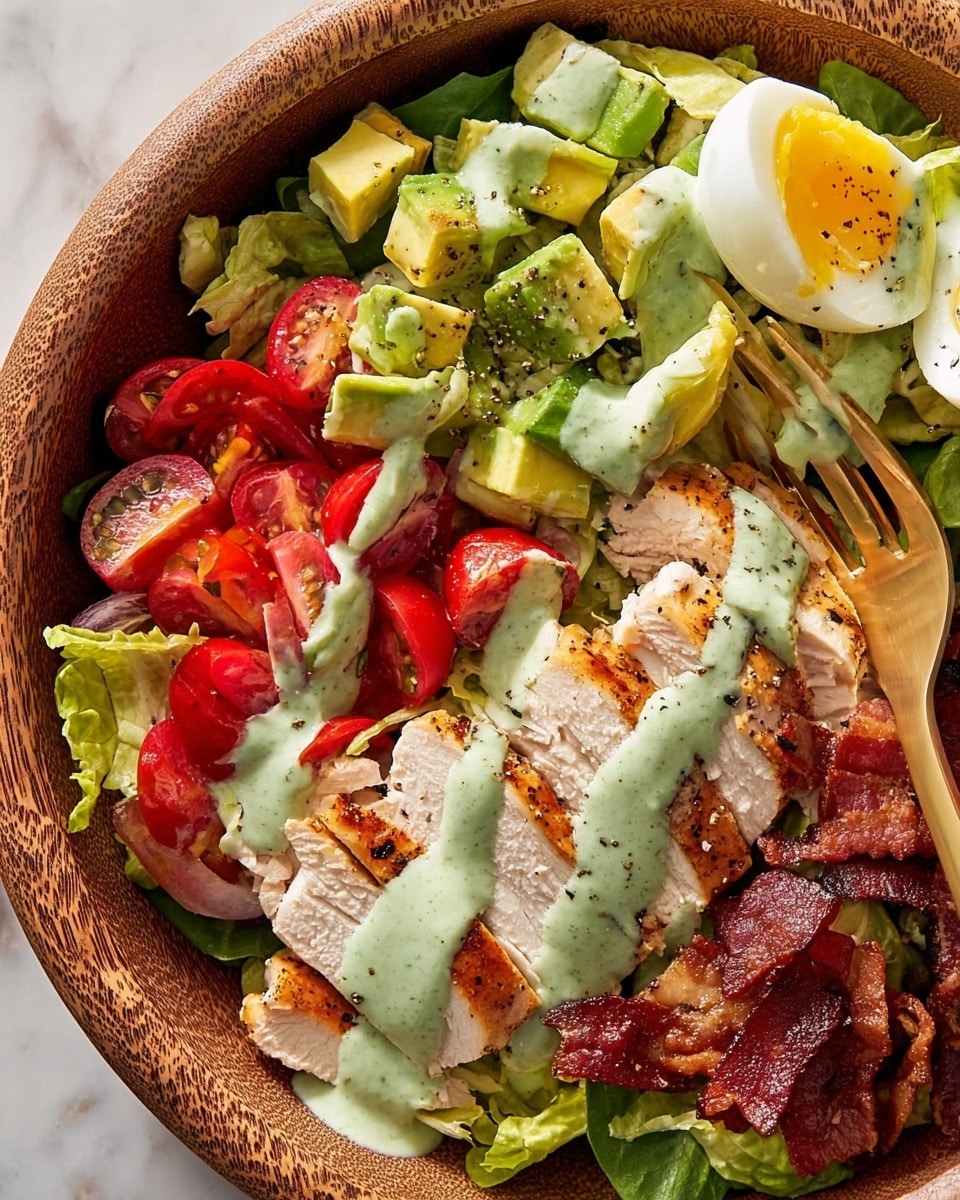 The image shows a wood-textured bowl filled with a colorful layered salad. The first layer has green lettuce leaves and halved bright red cherry tomatoes scattered around. On top of this, there are crispy dark red bacon pieces and green diced avocado chunks sprinkled with black pepper. Next, slices of cooked chicken breast, pale beige with some char marks, are neatly arranged in a row. A soft-boiled egg with a bright yellow yolk and white egg white is pierced by a gold fork and sits near the edge. A creamy green dressing is drizzled generously over the chicken, avocado, and egg, adding a smooth texture contrast. The bowl is placed on a white marbled surface photo taken with an iphone --ar 4:5 --v 7