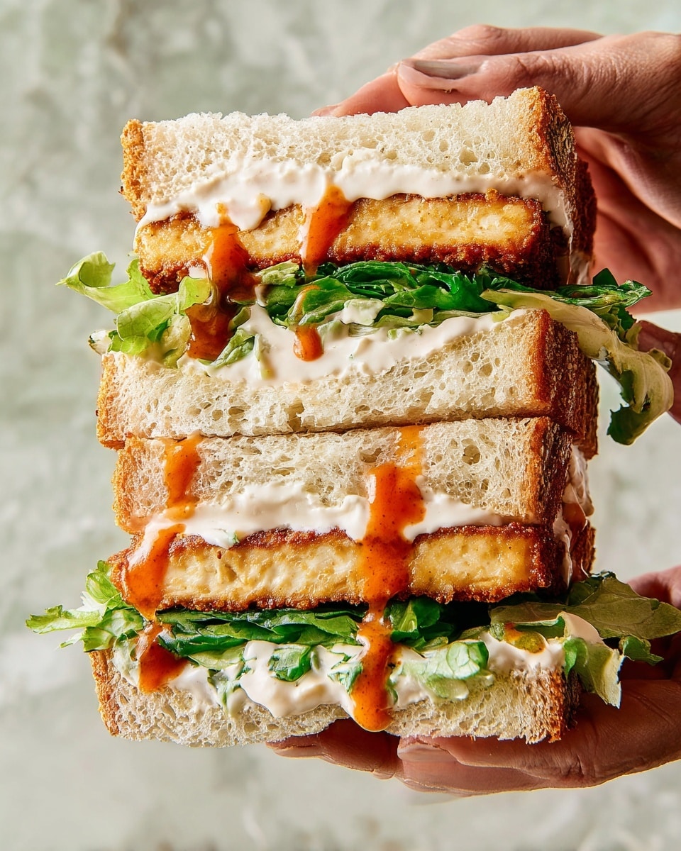 A close-up view of a double-layer sandwich being held by a woman's hand, showing two thick pieces of fried tofu with a golden brown crust in each layer. Between and around the tofu, there is a fresh green leafy lettuce layer, creamy white sauce spread on the soft light beige sandwich bread, and drizzles of reddish-orange hot sauce running down the sides. The bread is thick and fluffy with a slightly crispy crust at the top and bottom. The background has a soft white marbled texture. Photo taken with an iphone --ar 4:5 --v 7