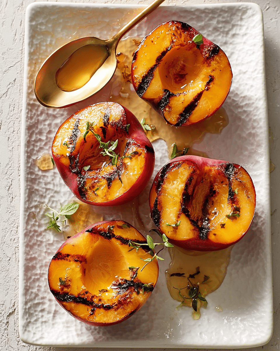 Five halved grilled peaches are placed on a white textured rectangular plate over a white marbled surface. Each peach half shows distinct dark grill marks across the bright orange flesh, with the red skin framing the fruit. A light drizzle of golden honey or syrup pools slightly on and around the peaches, adding shine and texture. Small green sprigs of fresh herbs are scattered on top, enhancing the natural look. A shiny gold spoon is resting on the upper left corner of the plate. photo taken with an iphone --ar 4:5 --v 7