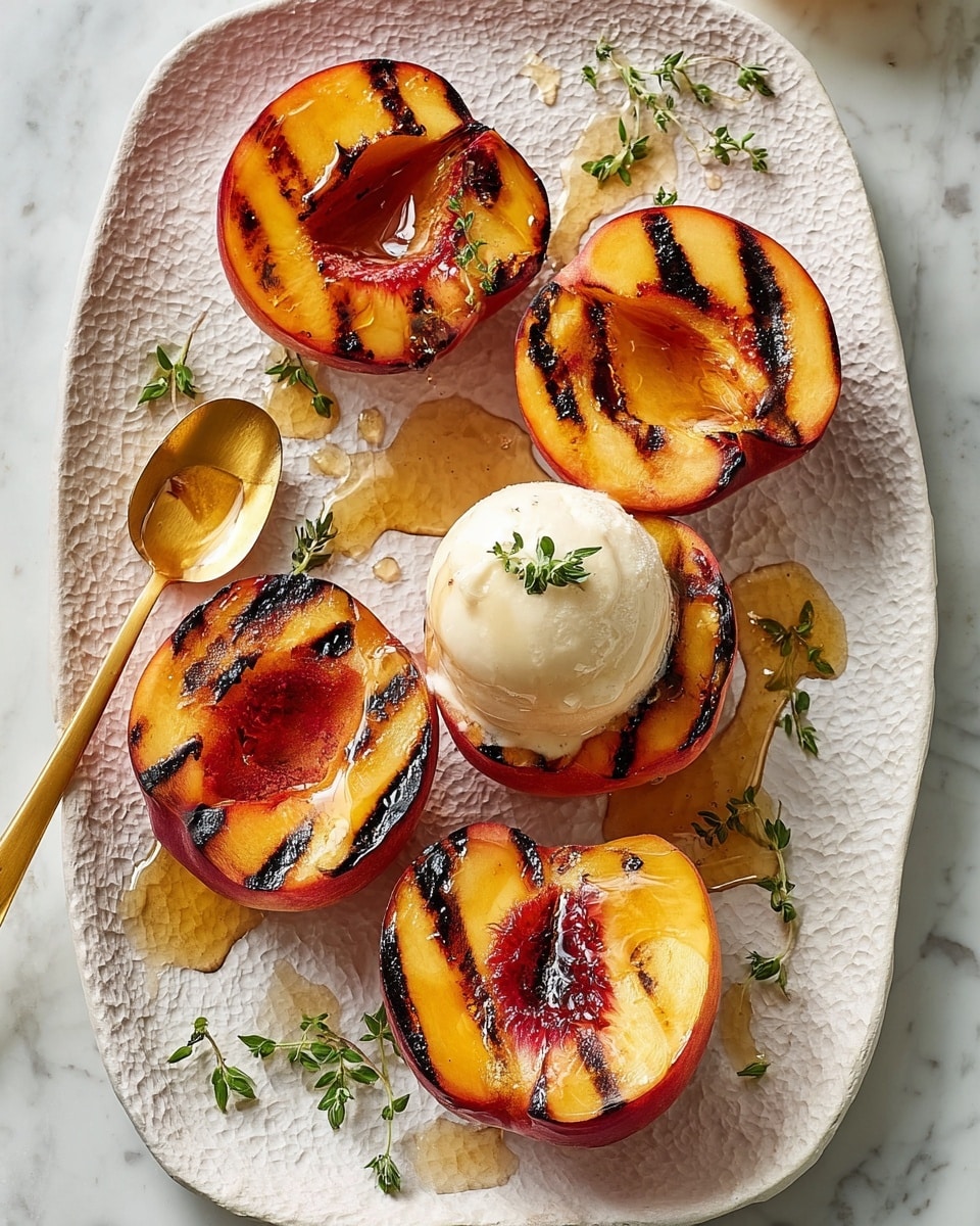 The image shows five grilled peach halves arranged on a textured white plate. Each peach half has dark grill marks across its bright orange-yellow flesh with red skin around the edges. One peach half is topped with a smooth, round scoop of creamy white ice cream. Light amber honey is drizzled generously over the peaches and the plate, pooling slightly near the peach halves. Small green sprigs of herbs, likely thyme, are placed on and around the peaches for added color and detail. A golden spoon with some honey rests on the left side of the plate, which is set on a white marbled surface. photo taken with an iphone --ar 4:5 --v 7