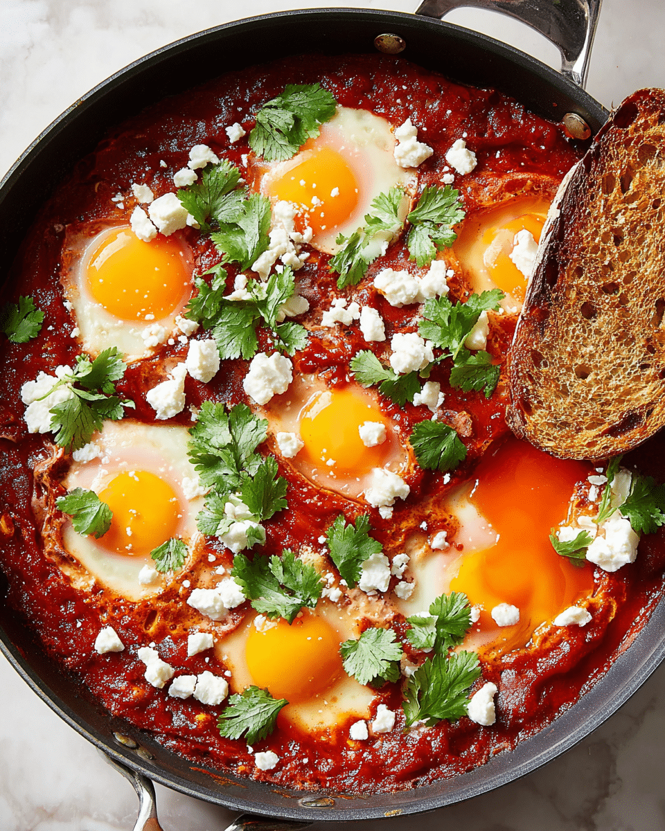 A close-up view of a black frying pan filled with a rich red tomato sauce base, over which six sunny-side-up eggs with bright orange yolks and white edges are cooked. Scattered loosely on top are crumbled white cheese pieces and fresh green cilantro leaves, adding contrast and freshness. A toasted slice of bread with a crunchy, golden crust is placed on the right side of the pan, partially dipped into one of the eggs, showing the yolk breaking and its glossy texture flowing over the sauce. The pan is set on a white marbled surface. Photo taken with an iphone --ar 4:5 --v 7