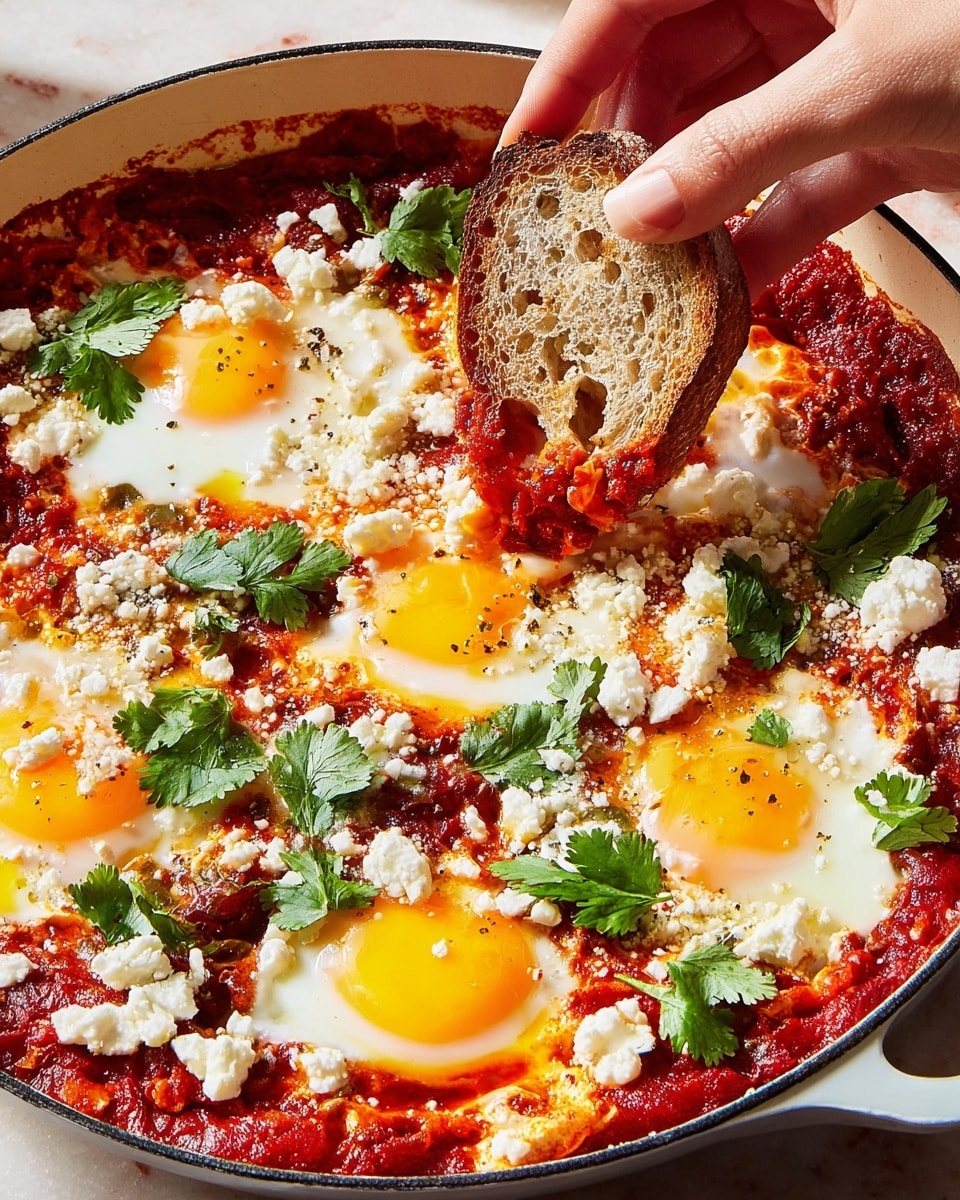 A close-up of a white pan filled with a bright red tomato sauce base layered with four sunny-side-up eggs that have golden yellow yolks and soft white edges, topped with scattered white crumbled cheese pieces and fresh green cilantro leaves. A woman's hand holds a piece of toasted, porous bread dipped into the sauce and gooey egg yolk, with the white marbled texture background visible around the pan. photo taken with an iphone --ar 4:5 --v 7