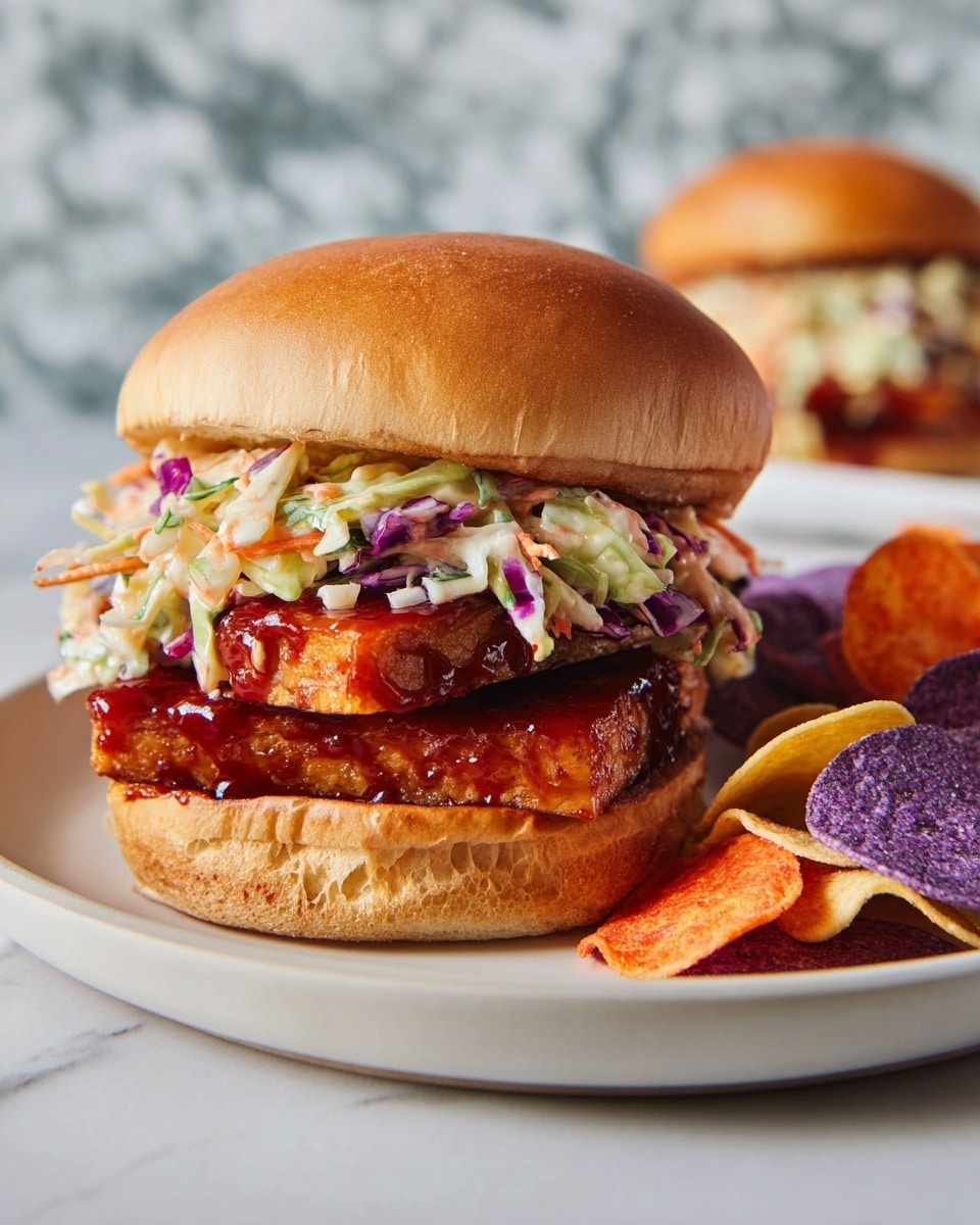 A sandwich with a soft, golden brown bun on top and bottom, holding three stacked rectangular pieces of grilled tempeh coated in rich, glossy reddish sauce as the first three layers. Above the tempeh sits a colorful mix of coleslaw with creamy dressing, made of shredded green, purple, and white cabbage, with slivers of carrot. The sandwich is placed on a white plate, next to a pile of multi-colored vegetable chips in orange, purple, and light brown hues. The background features a white marbled texture with a blurred second sandwich of the same kind visible. Photo taken with an iphone --ar 4:5 --v 7