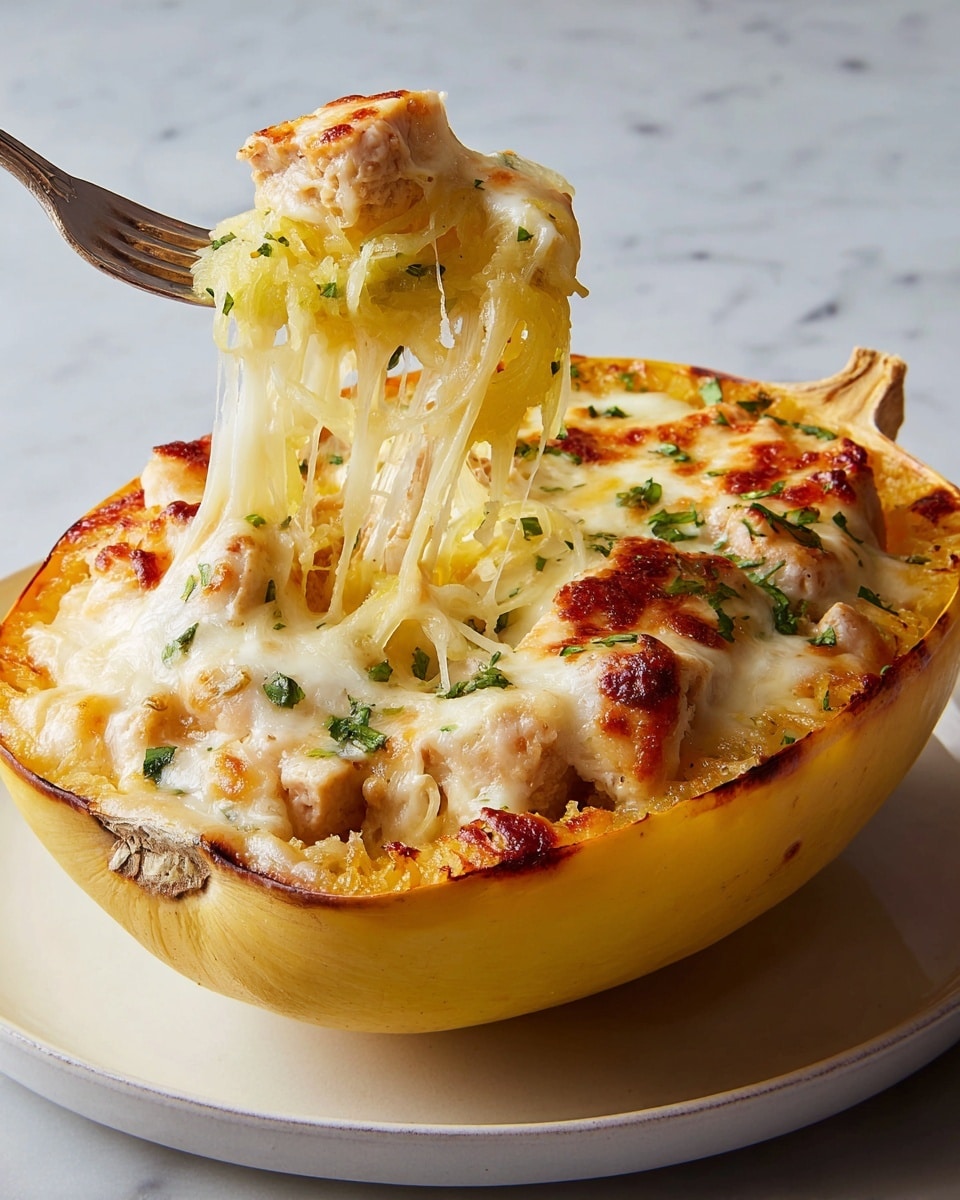 A white plate holds a half spaghetti squash filled with three main layers: the bottom layer is the light yellow cooked squash strands, the middle layer is chunks of browned chicken, and the top layer is melted, bubbly golden cheese with some browned spots and green herb bits sprinkled on top. A fork lifts some stretchy melted cheese mixed with squash, pulling it away from the dish. The plate rests on a white marbled surface. photo taken with an iphone --ar 4:5 --v 7