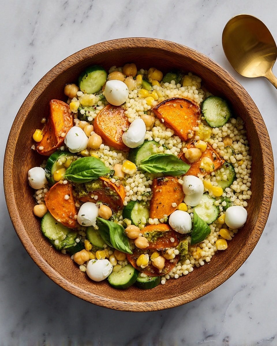 A wooden bowl filled with a colorful salad placed on a white marbled surface. The salad has multiple layers, starting with a base of light beige couscous and lightly grilled yellow corn kernels. On top of this base are bright orange roasted sweet potato slices, pale beige chickpeas, and green cucumber slices cut thickly with visible seeds. Scattered throughout the salad are small, smooth white mozzarella balls and a few fresh bright green basil leaves resting on the surface. A shiny gold spoon is placed nearby on the surface. photo taken with an iphone --ar 4:5 --v 7