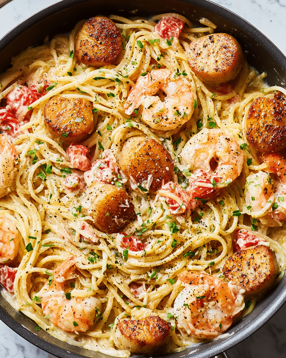 A close-up view of a creamy pasta dish in a black pan, featuring one layer of light yellow spaghetti noodles mixed with a creamy white sauce, scattered with golden-brown seared scallops and pink shrimp. Small bright red tomato pieces and green chopped parsley are sprinkled on top, while black pepper is lightly dusted over the entire dish. The background shows a white marbled texture surface. photo taken with an iphone --ar 4:5 --v 7