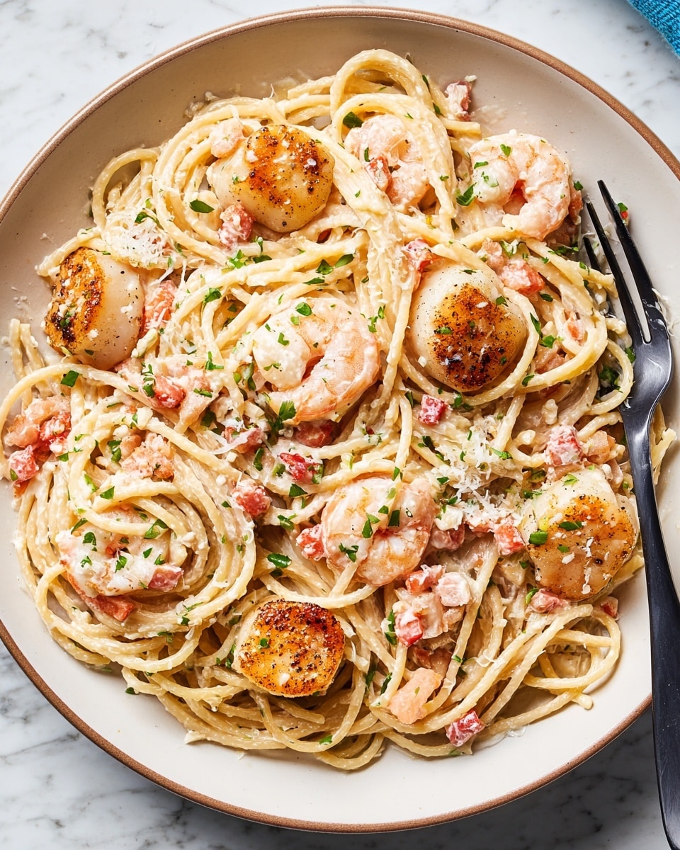 A white bowl holds creamy spaghetti mixed with pink shrimp and golden brown seared scallops, scattered evenly throughout the pasta. Small red diced pieces of tomato or ham add specks of color, and chopped green herbs are sprinkled on top. The creamy sauce coats the spaghetti, giving it a light beige color. A black fork rests on the side of the bowl, and the bowl sits on a white marbled surface. photo taken with an iphone --ar 4:5 --v 7