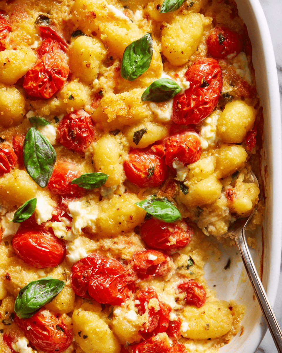 This image shows a close-up of a baked gnocchi dish in a white dish. The top layer is made of golden yellow gnocchi pieces mixed with bright red roasted cherry tomatoes. There are soft, creamy white chunks of melted cheese scattered all over, creating a textured surface with some slightly browned spots. The dish is decorated with fresh green basil leaves adding contrast. A silver spoon is partly sunk into the mix on the right side, showing the thick, saucy texture beneath the surface. The dish rests on a white marbled surface. photo taken with an iphone --ar 4:5 --v 7