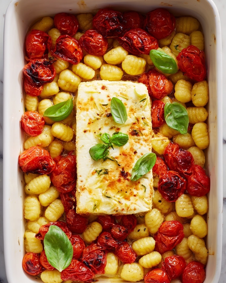 The image shows a white rectangular baking dish filled with a layer of small, yellow gnocchi evenly spread out. Scattered among the gnocchi are slightly charred roasted cherry tomatoes with bright red, wrinkled skins. Positioned in the center of the dish is a thick, rectangular block of baked feta cheese with a golden-brown crust and a few olive oil spots on top. Fresh green basil leaves are placed on top of the feta and scattered throughout the gnocchi and tomatoes, adding a pop of color. The dish rests on a white marbled surface. photo taken with an iphone --ar 4:5 --v 7