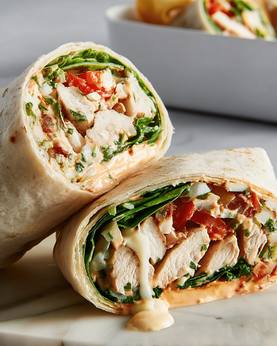 Two halves of a wrap are placed on a white, slightly textured surface with a white marbled texture. Each wrap has several layers visible from the cut side: the outer layer is a light beige tortilla, inside there is a creamy orange sauce with herbs scattered through it, followed by a layer of bright green leafy spinach. Between the spinach are chunks of white cheese and pieces of light brown cooked chicken. In one wrap half, pieces of red tomato are visible under the chicken. A bit of the creamy sauce is dripping from one wrap half onto the surface. In the background, there is a blurry white tray holding more wraps. Photo taken with an iphone --ar 4:5 --v 7