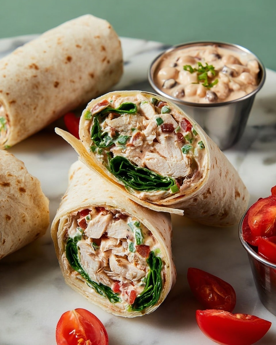 The image shows several wraps on a white marbled surface, with two of the wraps cut in half to show their contents. Each wrap has multiple layers: a soft, light beige tortilla on the outside, then a creamy spread mixed with small bits of green and red vegetables, followed by green leafy spinach, slices of white cheese, juicy red tomato pieces, and thick slices of cooked chicken. There is also a small metal bowl full of a creamy dip with visible chunks of vegetables and beans beside the wraps, and a few loose tomato wedges scattered around. photo taken with an iphone --ar 4:5 --v 7