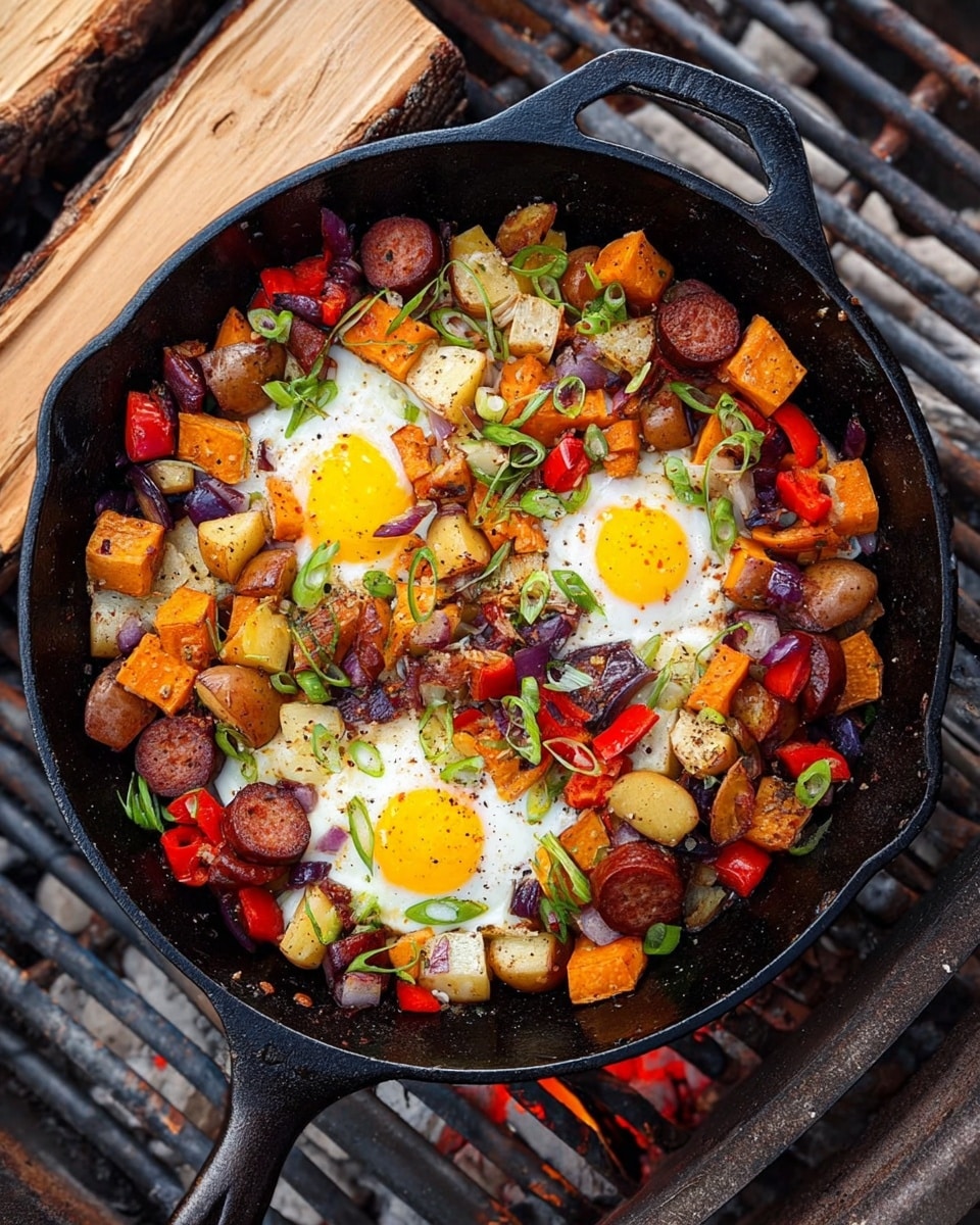 A black cast-iron skillet filled with a rustic breakfast hash sits over an open fire on a metal grate with wooden logs underneath. The dish has three sunny side up eggs with bright yellow yolks in the center, surrounded by a colorful mix of roasted chunks of orange sweet potatoes, golden and purple baby potatoes, red bell peppers, and browned sausage pieces. Thinly sliced green onions are scattered on top, adding fresh green accents. The edges of the vegetables and sausage are slightly charred and caramelized, showing a crispy texture. The background features a white marbled texture beneath the fire grate. photo taken with an iphone --ar 4:5 --v 7
