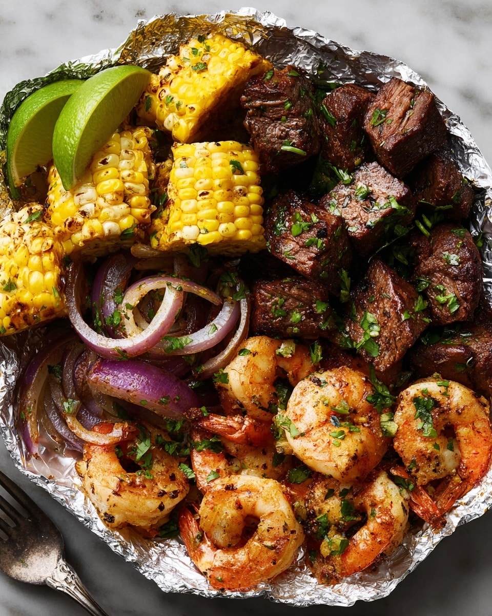 The dish shows a foil-lined white plate filled with grilled food. On the left, there are yellow grilled corn pieces with light char marks, mixed with slices of purple grilled onions. In the center and upper part, there are dark brown grilled beef chunks sprinkled with green herbs. On the right, orange and pink grilled shrimp with slight char marks and seasoned with green herbs fill the space. A green lime wedge sits on the top left corner, adding a fresh touch. All items rest on a white marbled textured surface, with a silver fork partly visible on the bottom left. photo taken with an iphone --ar 4:5 --v 7