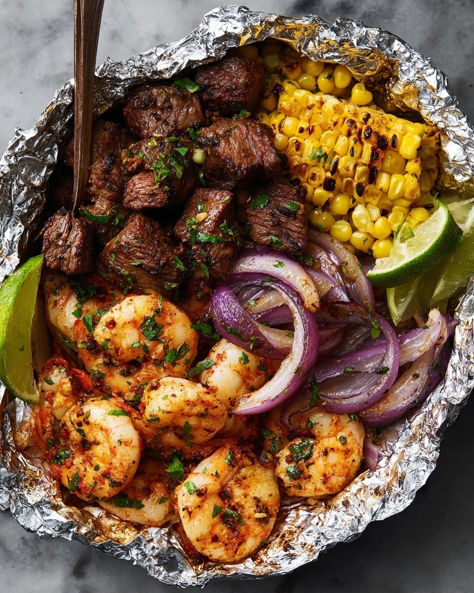 The image shows a foil-lined dish filled with three main layers of food. The first layer at the bottom has grilled shrimp with a reddish-orange color, speckled with green herbs and spices. Next to the shrimp is a layer of grilled beef chunks, dark brown with a slightly crispy texture and sprinkled with chopped green herbs. The third layer has bright yellow grilled corn pieces and soft purple onion slices, both showing light grill marks and mixed with some lime wedges. A silver fork rests on the side within the foil. The whole dish is placed on a white marbled textured surface. photo taken with an iphone --ar 4:5 --v 7