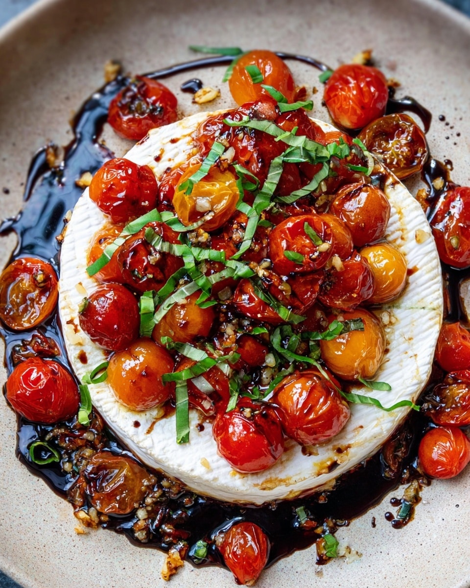 A round wheel of soft, white Brie cheese sits in the center of a dish, topped with a mix of glossy, roasted cherry tomatoes that are red and orange, with some cut in halves showing their juicy insides. Bright green, thinly sliced basil leaves are scattered over the tomatoes and cheese, adding fresh color contrast. The whole dish is drizzled with a dark, shiny balsamic glaze creating thin lines and pools around the cheese. The cheese wheel rests on a white marbled textured surface, surrounded by more roasted cherry tomatoes and bits of minced garlic that add texture and flavor. photo taken with an iphone --ar 4:5 --v 7