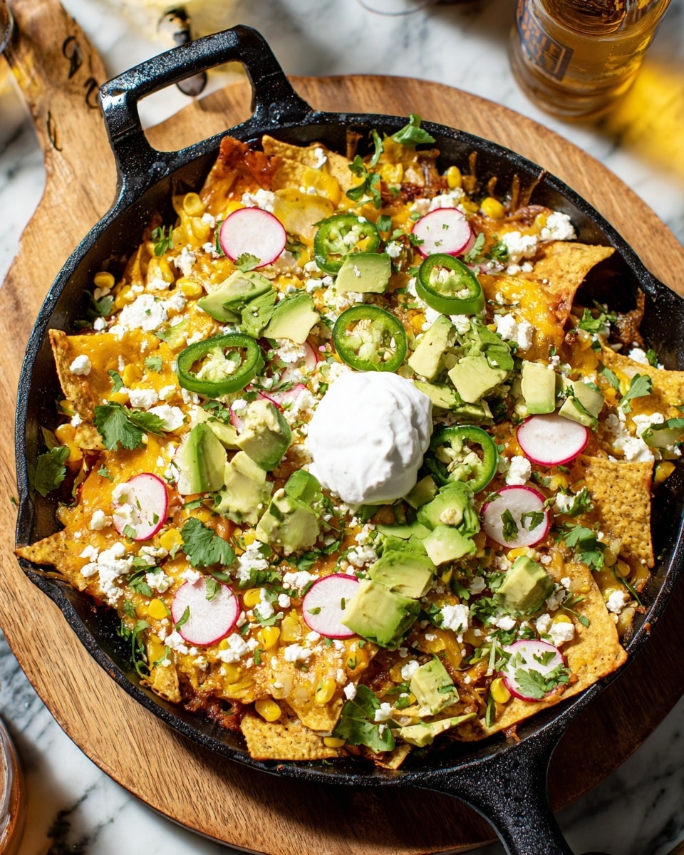 A black cast iron skillet filled with one thick layer of crispy tortilla chips at the bottom, covered with melted cheddar cheese scattered unevenly, and topped with bright yellow corn kernels. On top, there are small chunks of green avocado, thin round slices of radish with white centers and pink edges, and sliced green jalapeño peppers. Crumbled white cheese is sprinkled over the dish, along with fresh green cilantro leaves and small pieces of green onion. In the middle, a generous dollop of white sour cream sits prominently. The skillet rests on a round wooden board, set against a white marbled surface, with a glimpse of a beer bottle showing on the right edge. photo taken with an iphone --ar 4:5 --v 7