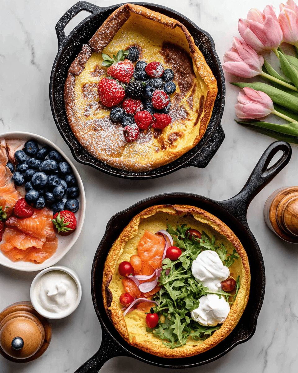 The image shows two cast iron skillets on a white marbled surface, each with a different layered Dutch baby pancake. The top skillet contains a golden-brown pancake with puffed, crispy edges, topped in the center with a mix of fresh berries including red strawberries, blueberries, and raspberries dusted lightly with powdered sugar, along with a dollop of white whipped cream on the right side. The bottom skillet holds a savory Dutch baby with a light golden base layer, topped with slices of bright orange smoked salmon, red pickled onions, small red cherry tomatoes, fresh green arugula leaves, and two dollops of white cream or sour cream at the front center. Surrounding the skillets are a white bowl of blueberries, a white plate with smoked salmon and cherry tomatoes, a small bowl with white cream, a wooden pepper grinder, and to the right, pink tulips lying on the surface. photo taken with an iphone --ar 4:5 --v 7
