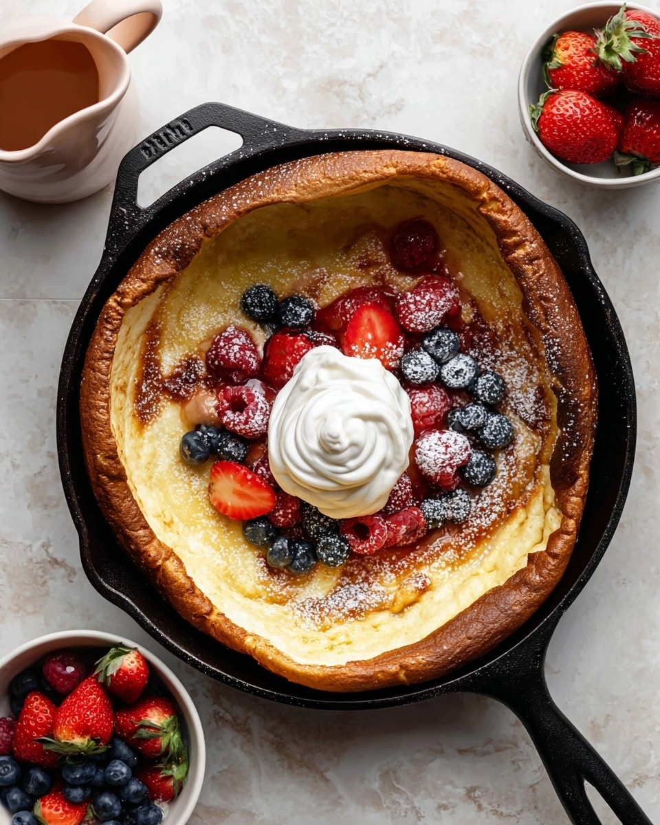 A Dutch baby pancake is shown in a black cast iron skillet resting on a white marbled texture. The pancake has a thick, golden-brown puffy crust around the edge and a lighter, softer center with a slightly glossy texture. On top of the pancake in the center is a swirl of white whipped cream, surrounded by fresh strawberries, raspberries, and blueberries that add red and blue colors. There is a light dusting of powdered sugar over the fruits and parts of the pancake. Nearby, there are two white bowls filled with strawberries and blueberries, and a small light pink jug containing syrup. The photo taken with an iphone --ar 4:5 --v 7