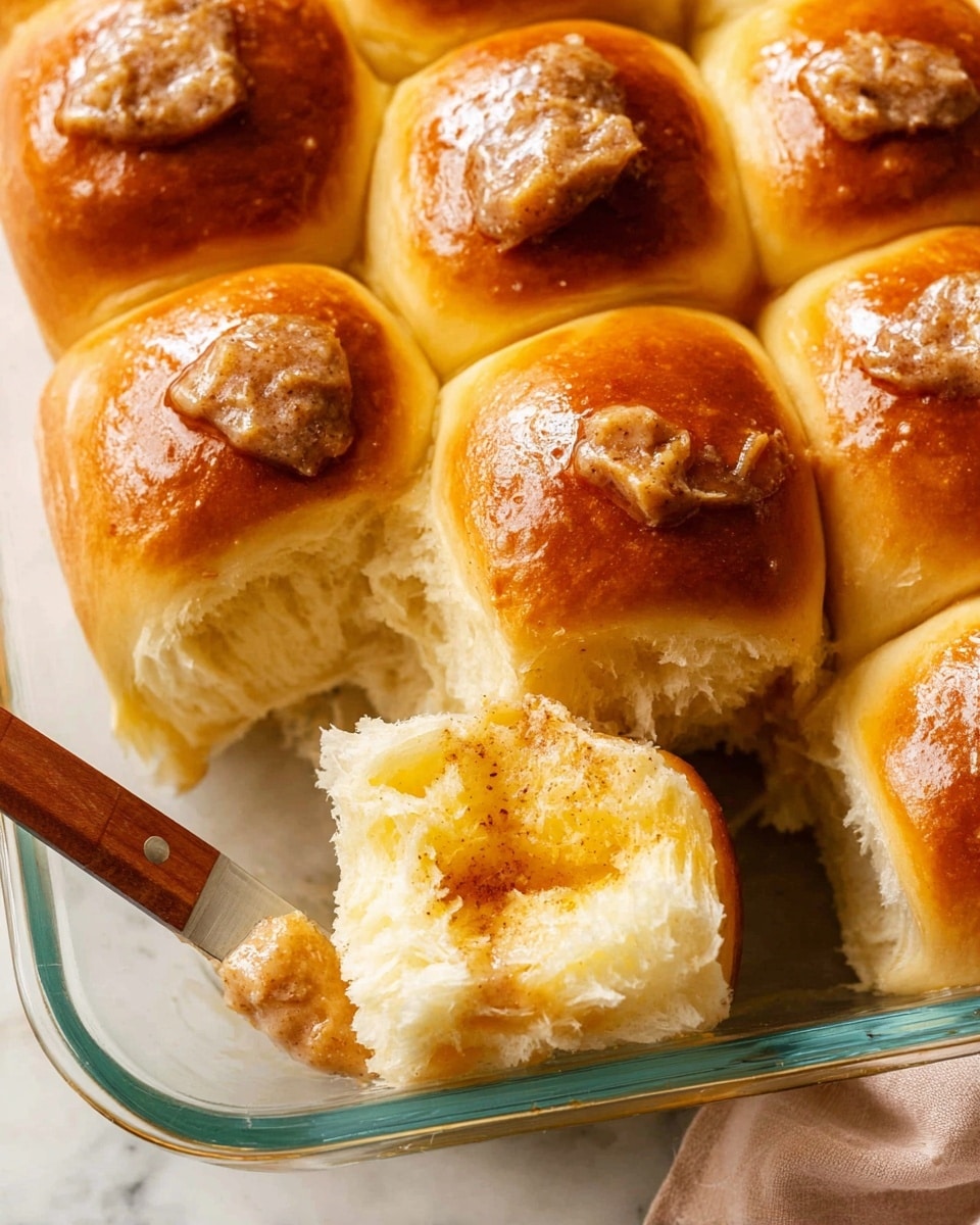 A close-up view of soft, golden brown dinner rolls arranged closely in a glass baking dish with a white marbled surface beneath. One roll is separated from the rest, showing its fluffy, light yellow inside texture with creamy, slightly melted cinnamon butter spread unevenly on top, speckled with tiny cinnamon bits. A wooden-handled butter knife with cinnamon butter sits on the side of the dish. The rolls have a shiny, slightly crisp top surface with a small patch of melted butter. Photo taken with an iphone --ar 4:5 --v 7